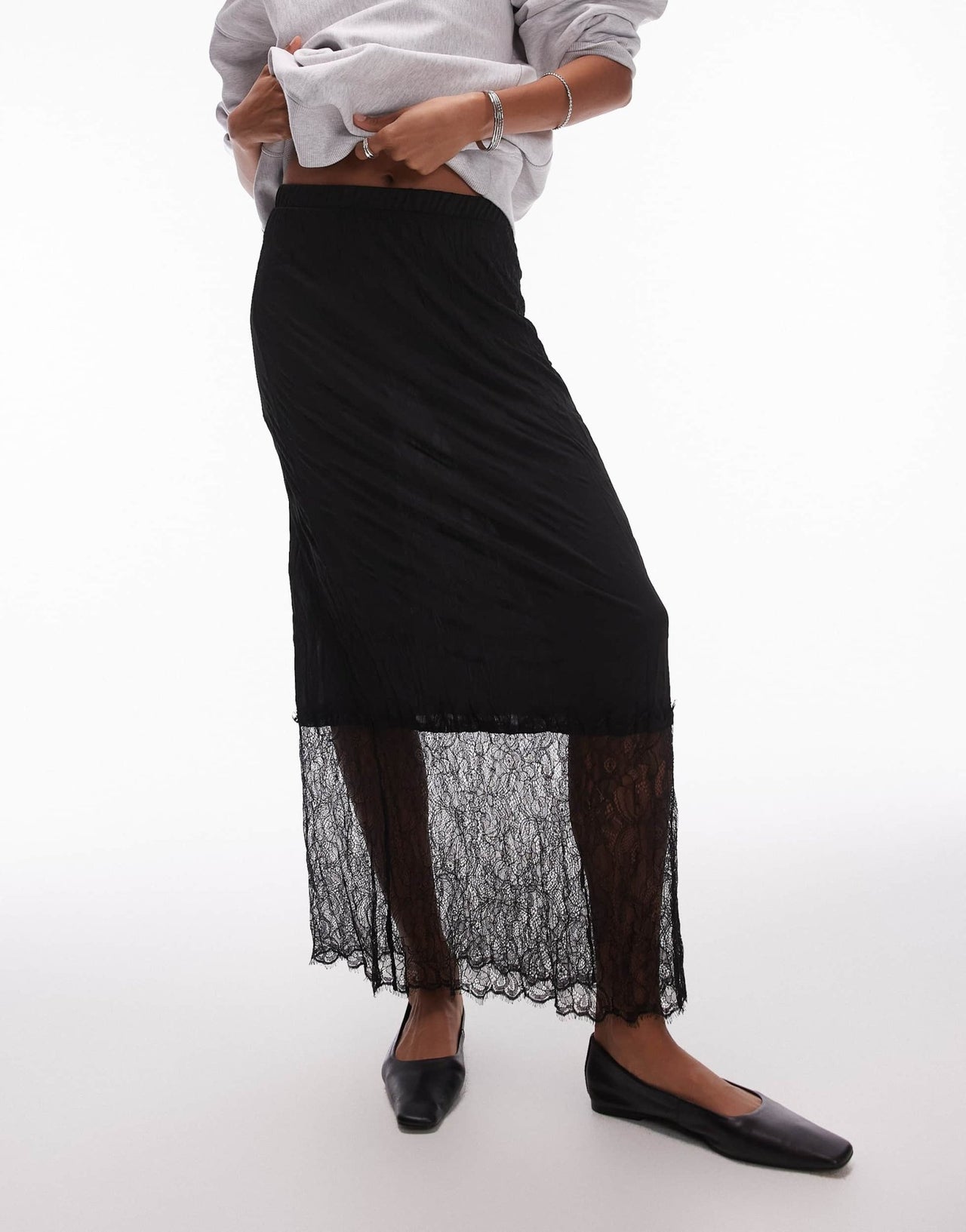 Topshop crinkle lace hem detail midi skirt in black - ASOS Sample Sale