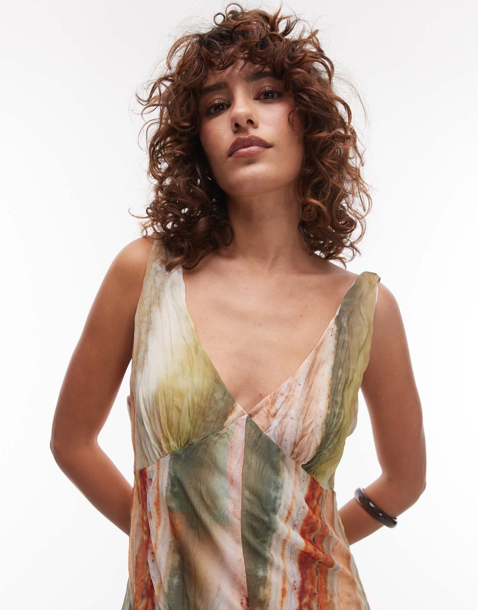 Topshop crinkle mesh print v neck flippy mini dress in multi - ASOS Sample Sale