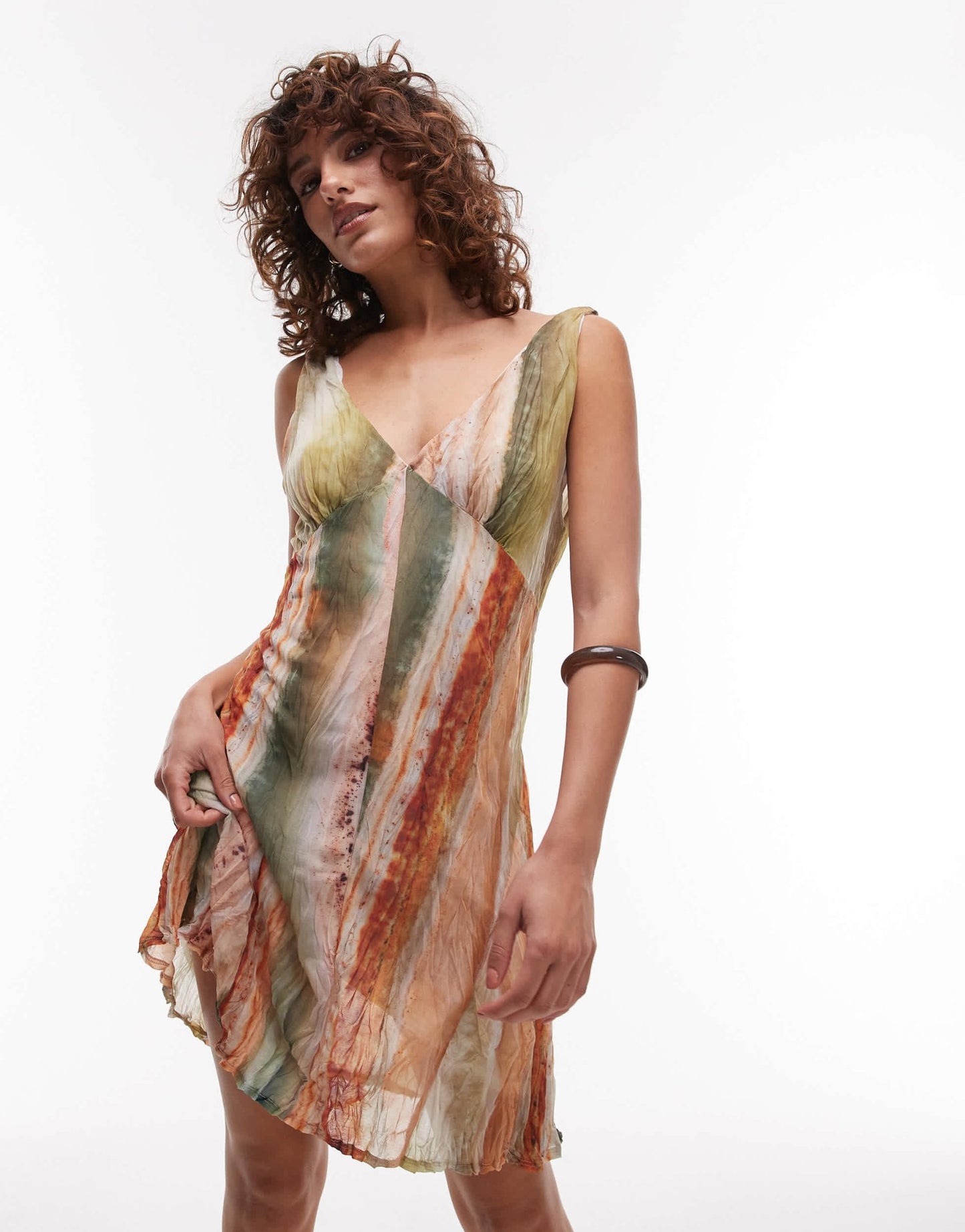 Topshop crinkle mesh print v neck flippy mini dress in multi - ASOS Sample Sale