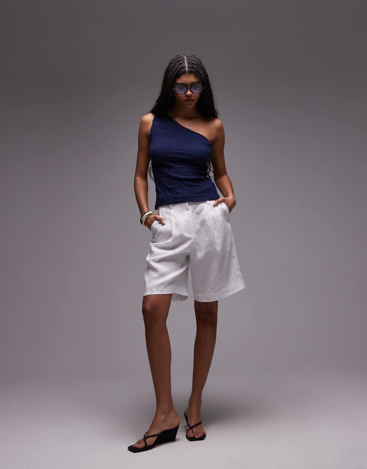 Topshop crinkle one shoulder top in navy - ASOS Sample Sale