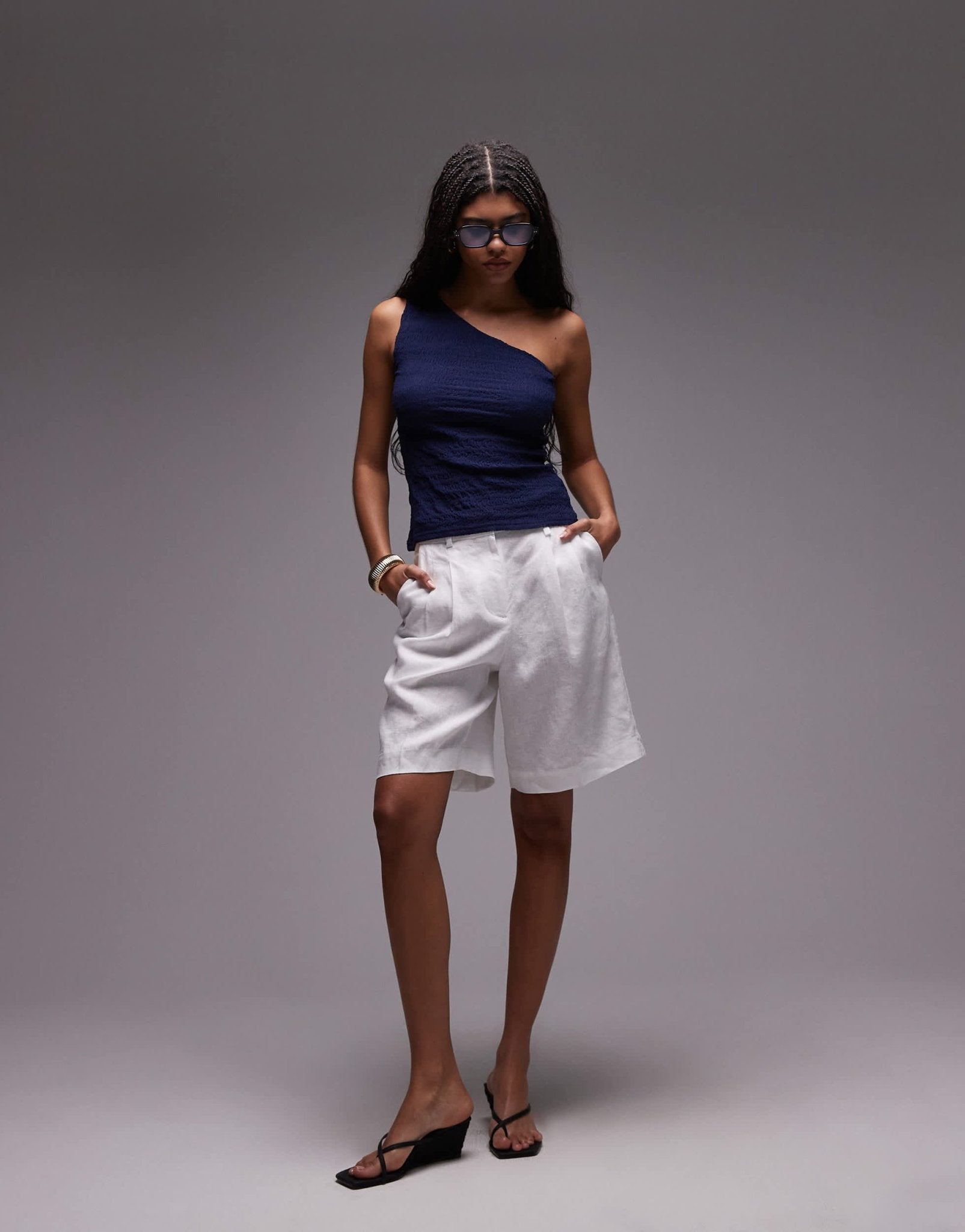 Topshop crinkle one shoulder top in navy - ASOS Sample Sale