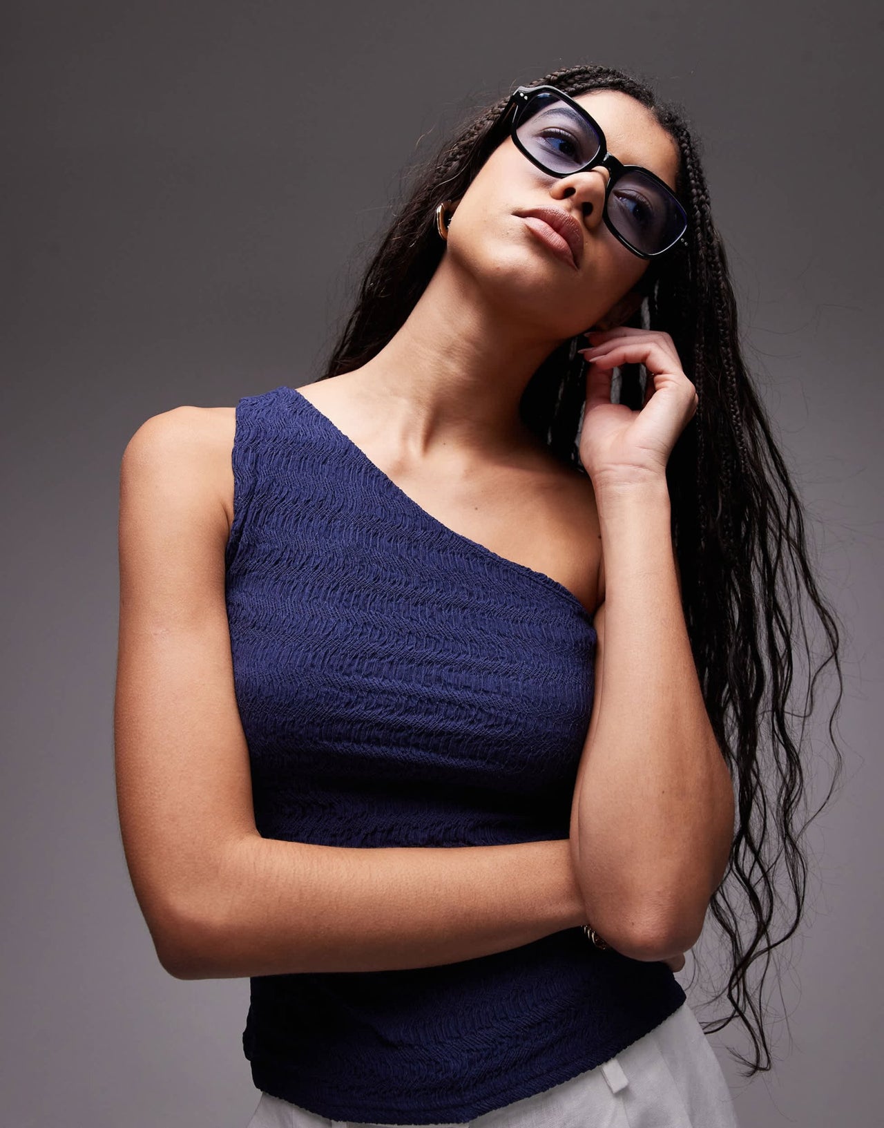 Topshop crinkle one shoulder top in navy - ASOS Sample Sale
