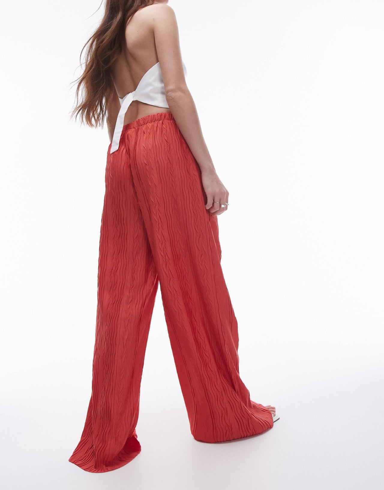 Topshop crinkle plisse trouser in red - ASOS Sample Sale