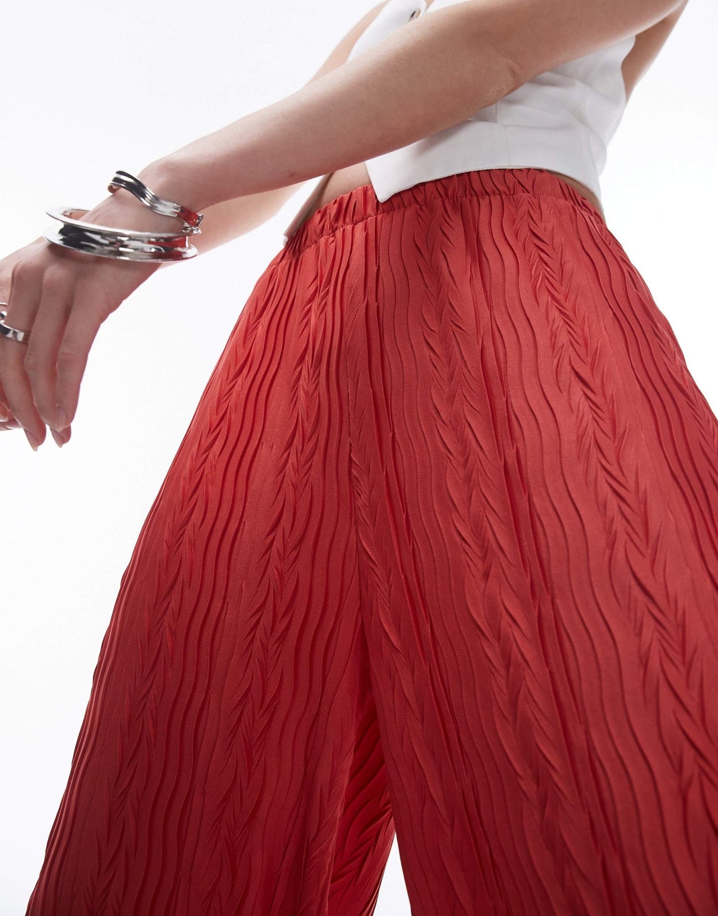 Topshop crinkle plisse trouser in red - ASOS Sample Sale