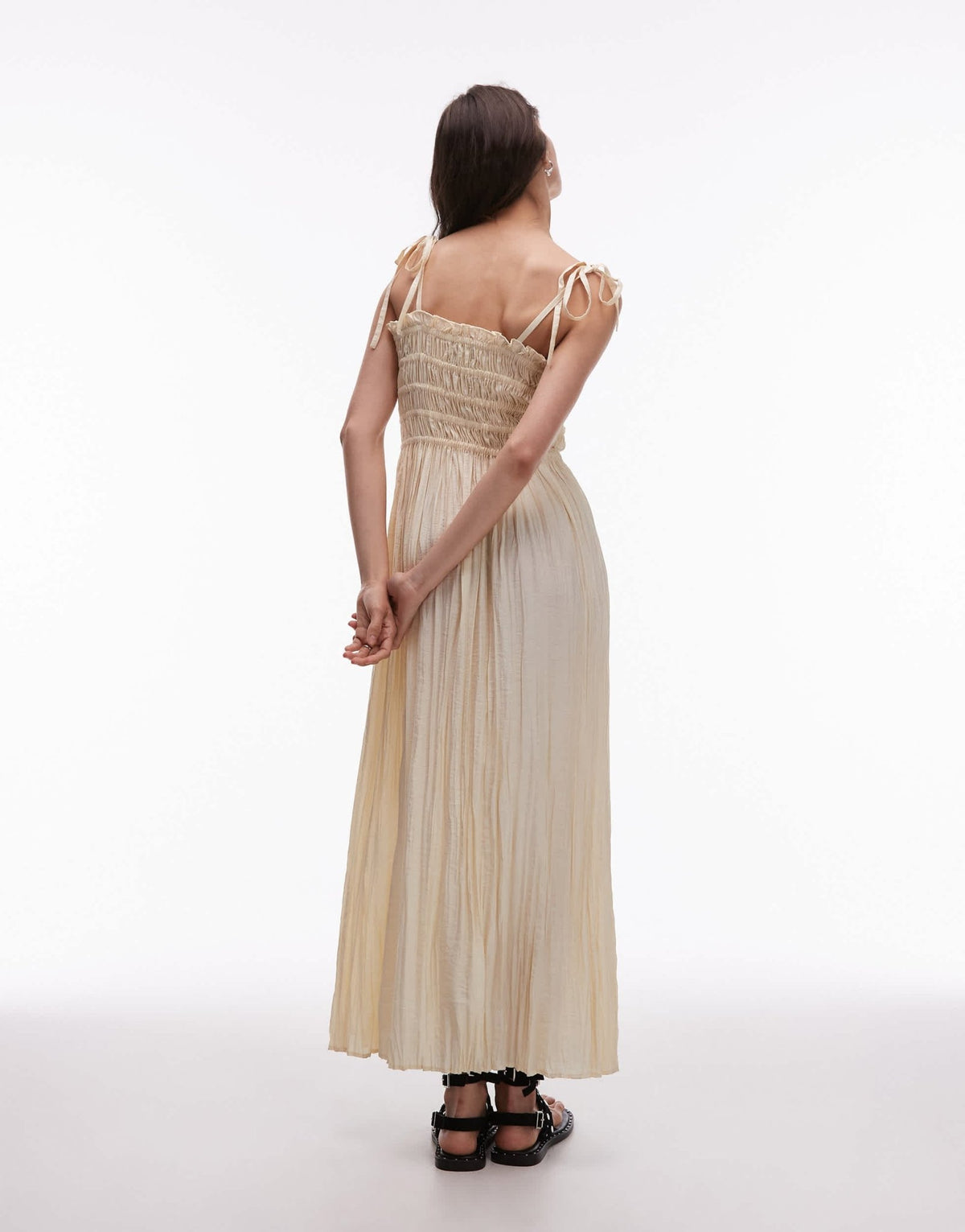 Topshop crinkle ruched bust midi dress in natural - ASOS Sample Sale