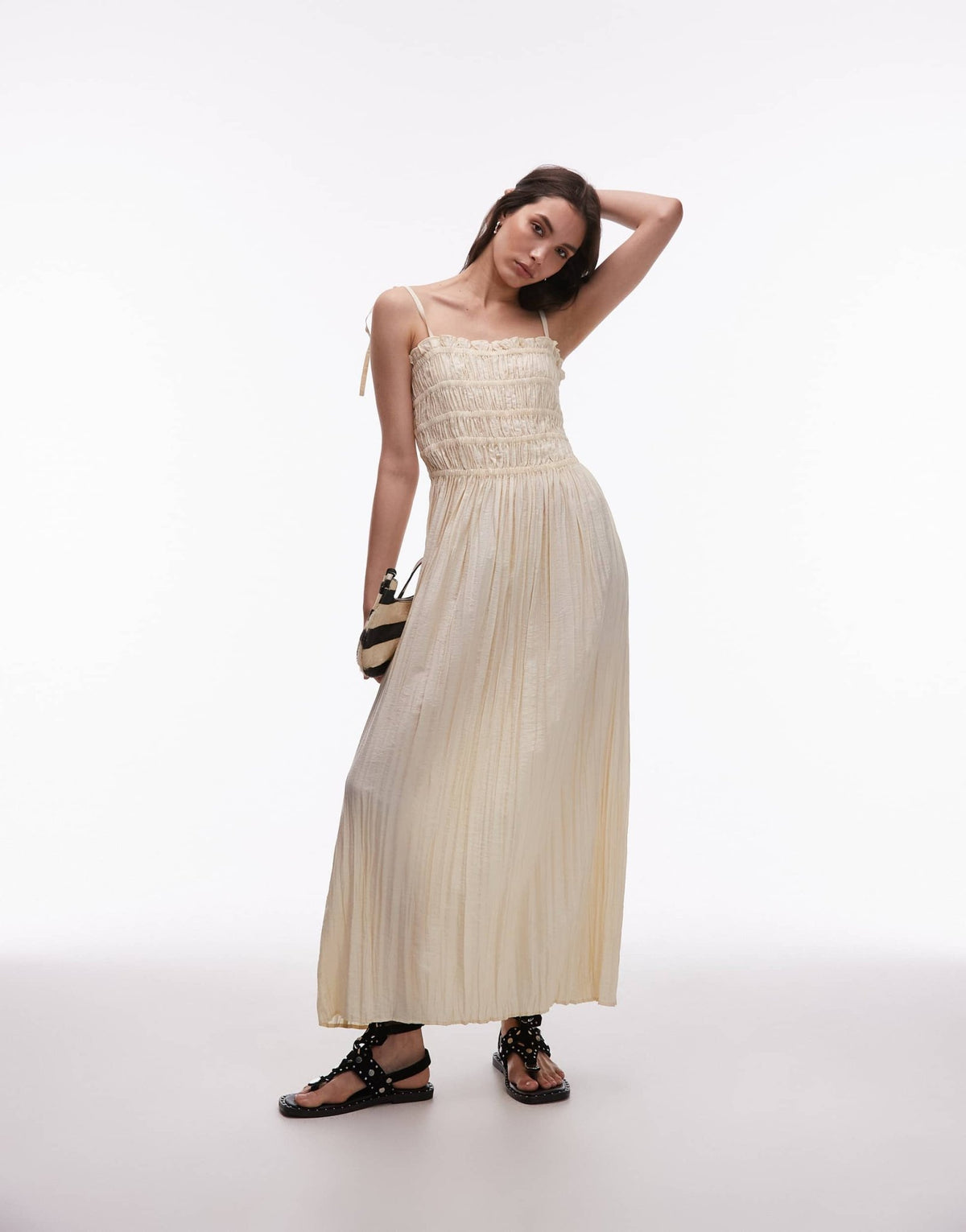 Topshop crinkle ruched bust midi dress in natural - ASOS Sample Sale