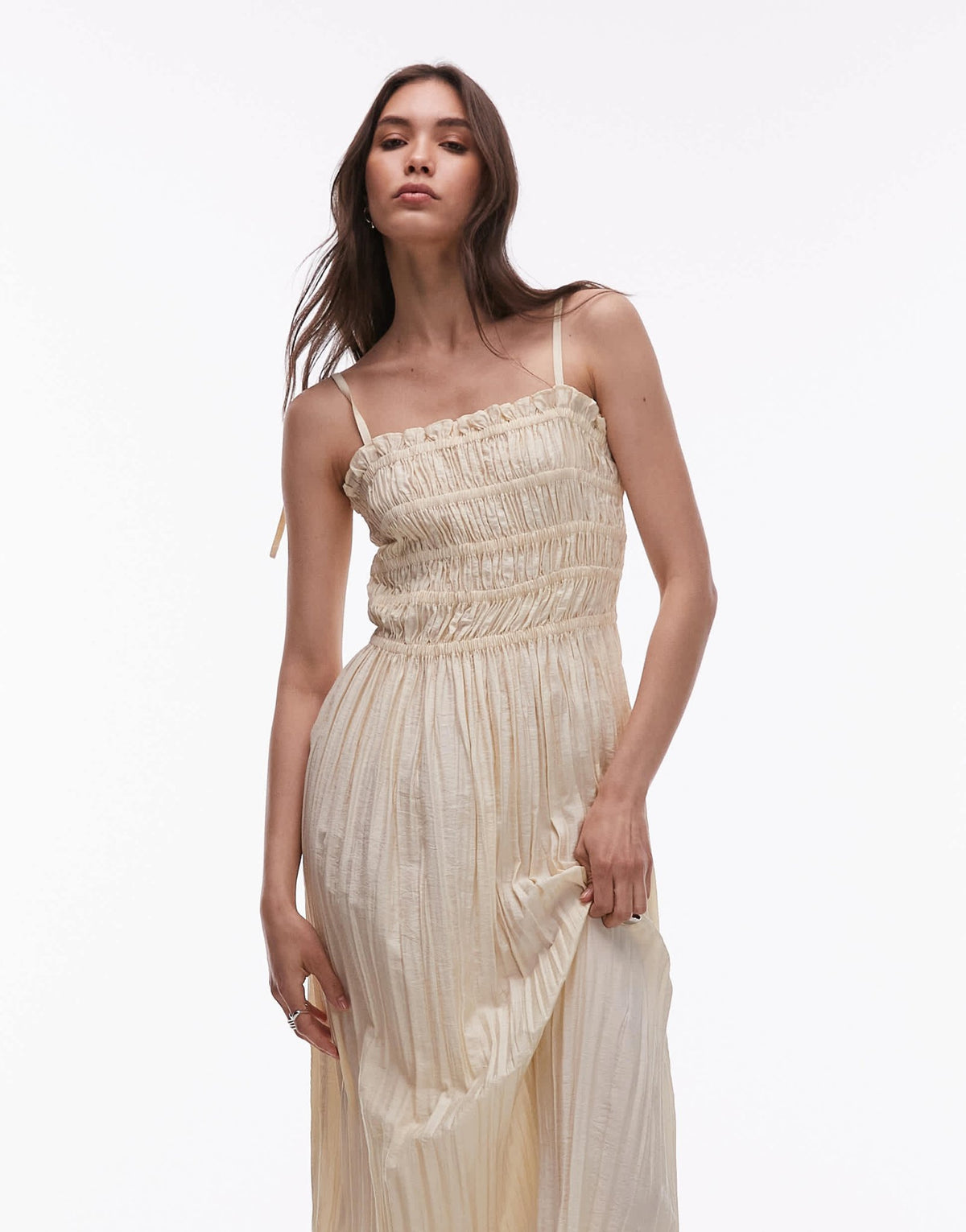 Topshop crinkle ruched bust midi dress in natural - ASOS Sample Sale