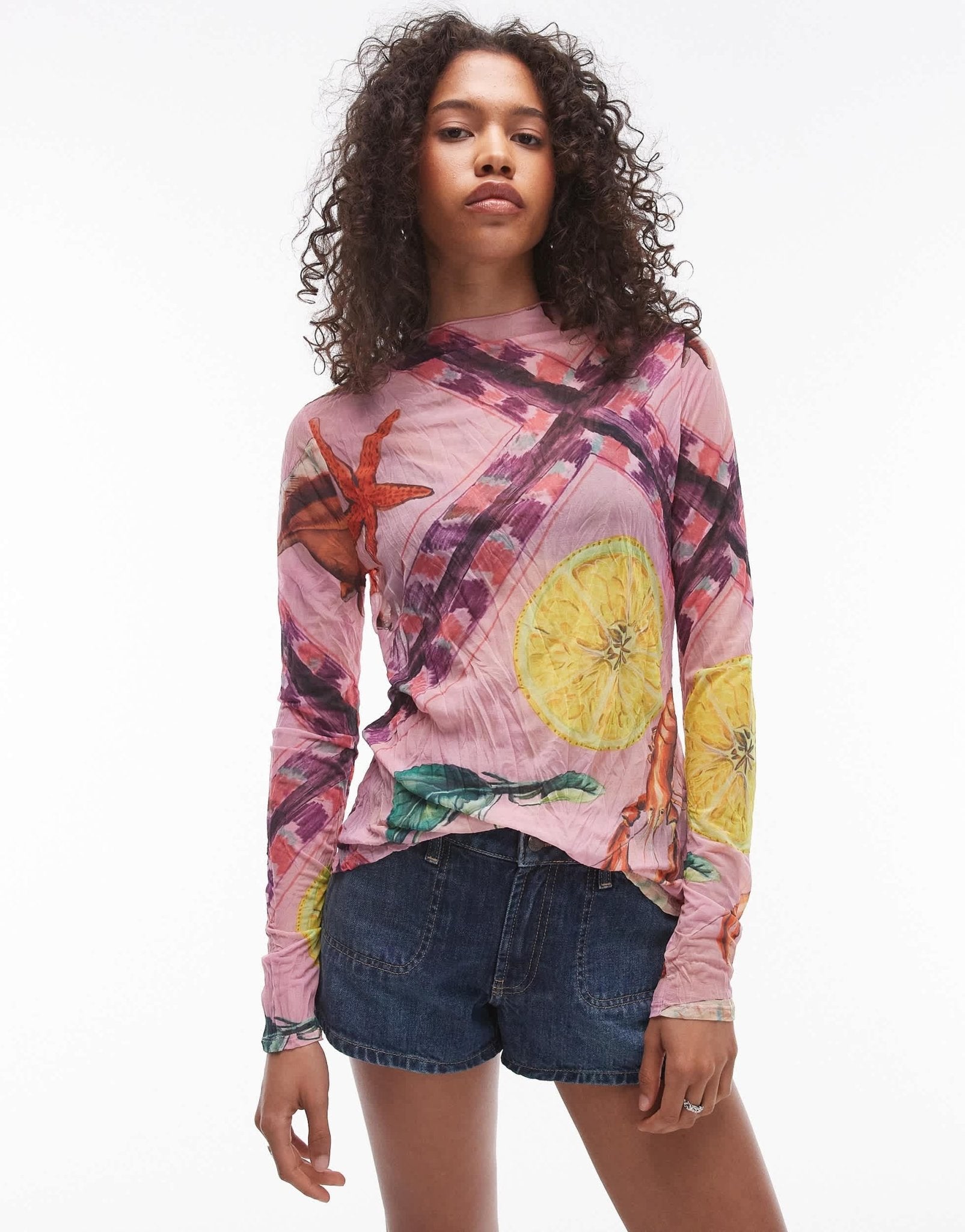 Topshop crinkle shell print long sleeve top in multi - ASOS Sample Sale