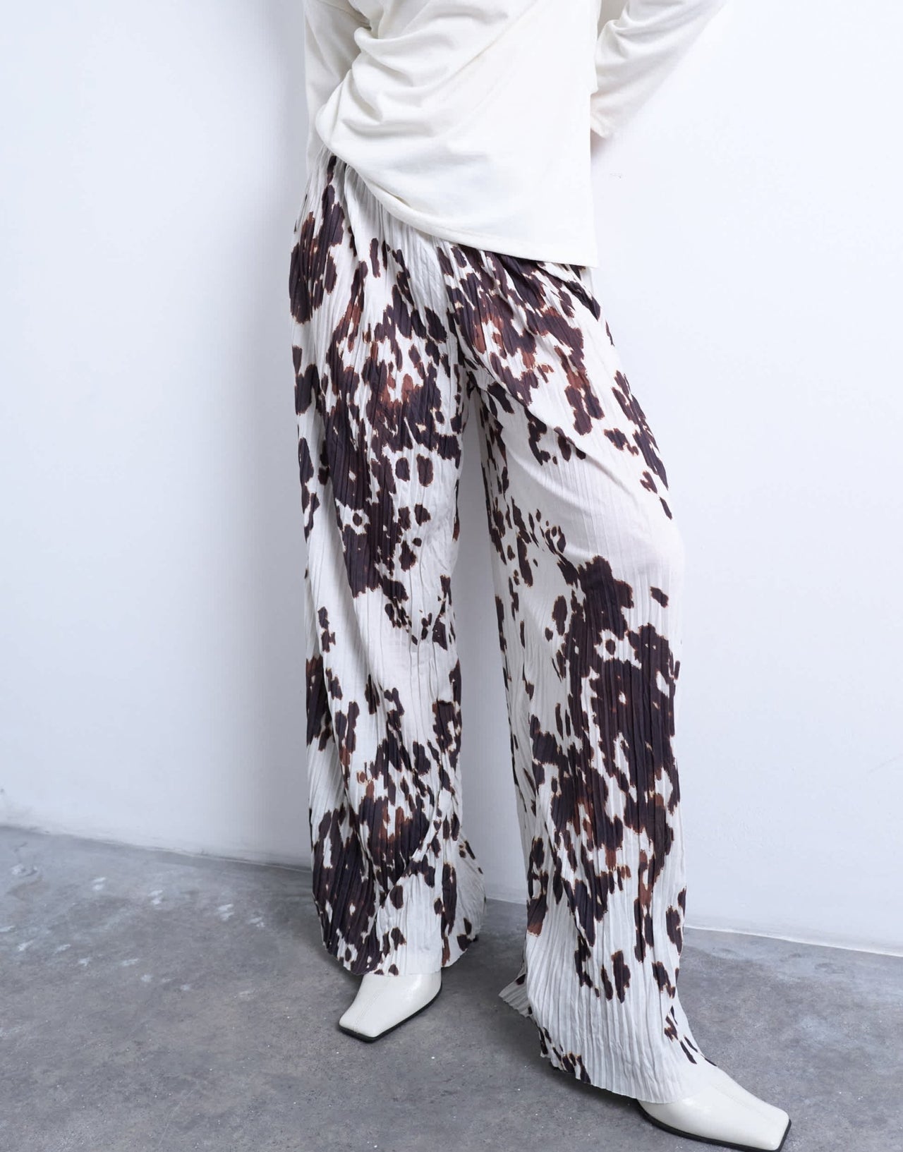 Topshop crinkle wide leg trousers in cow print - ASOS Sample Sale