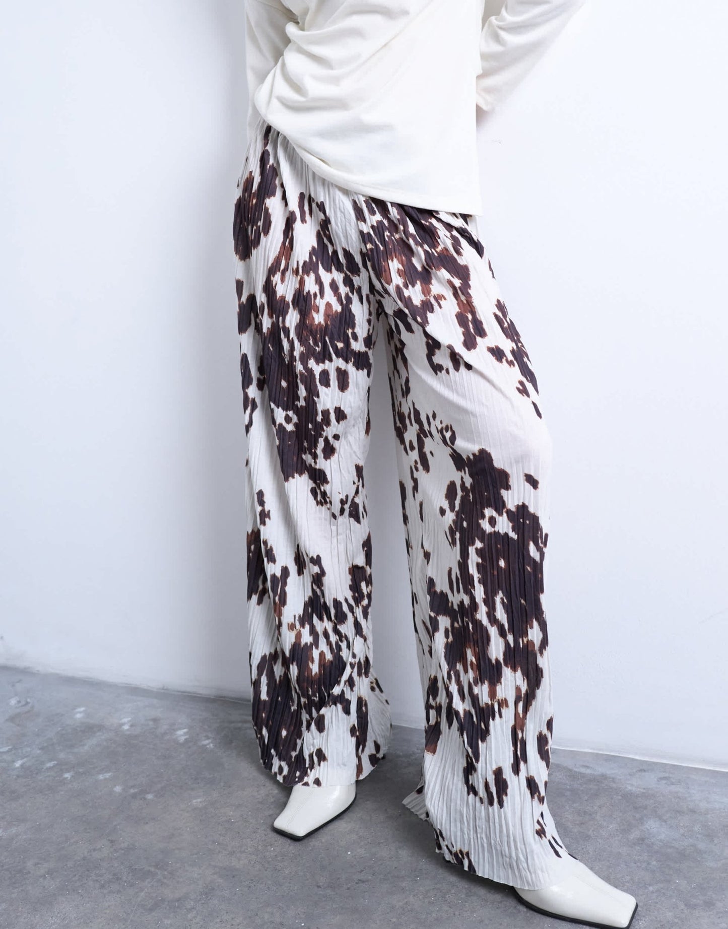 Topshop crinkle wide leg trousers in cow print - ASOS Sample Sale