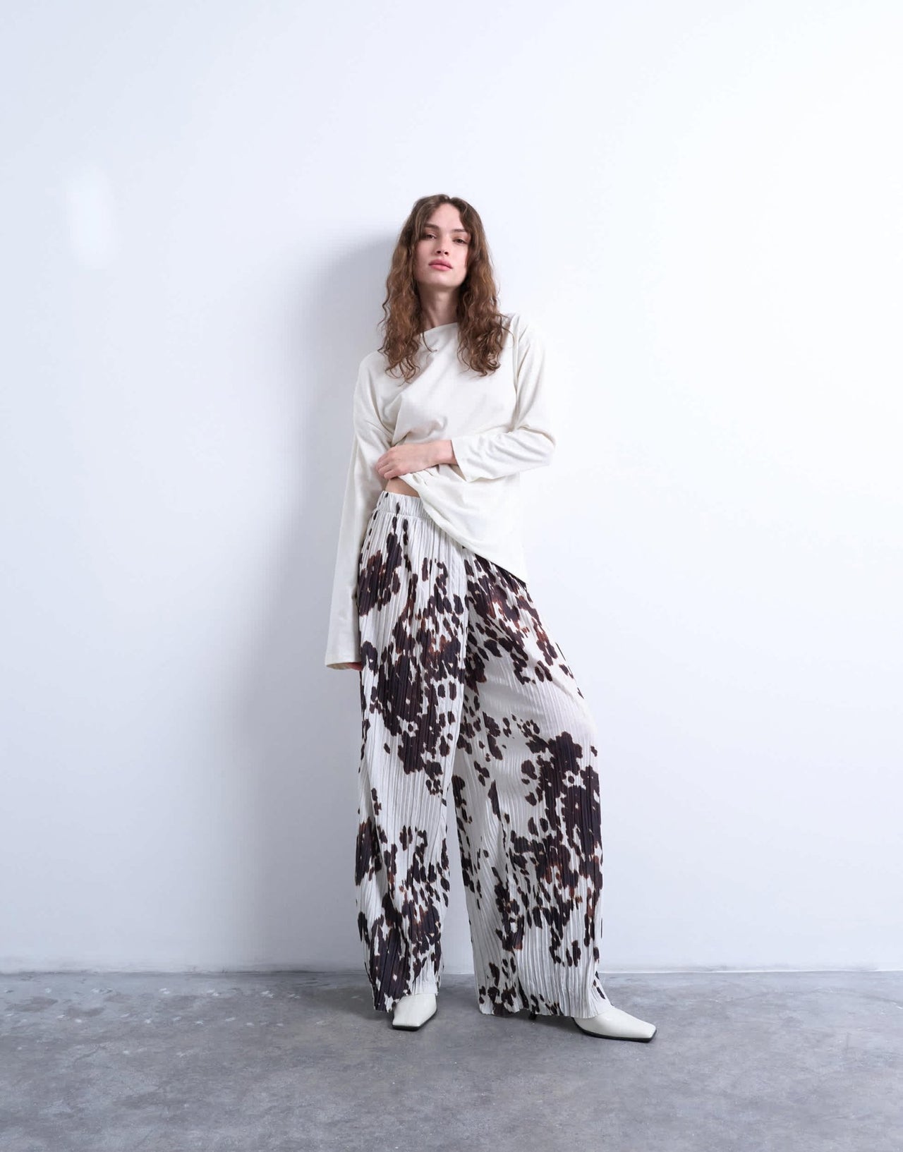 Topshop crinkle wide leg trousers in cow print - ASOS Sample Sale