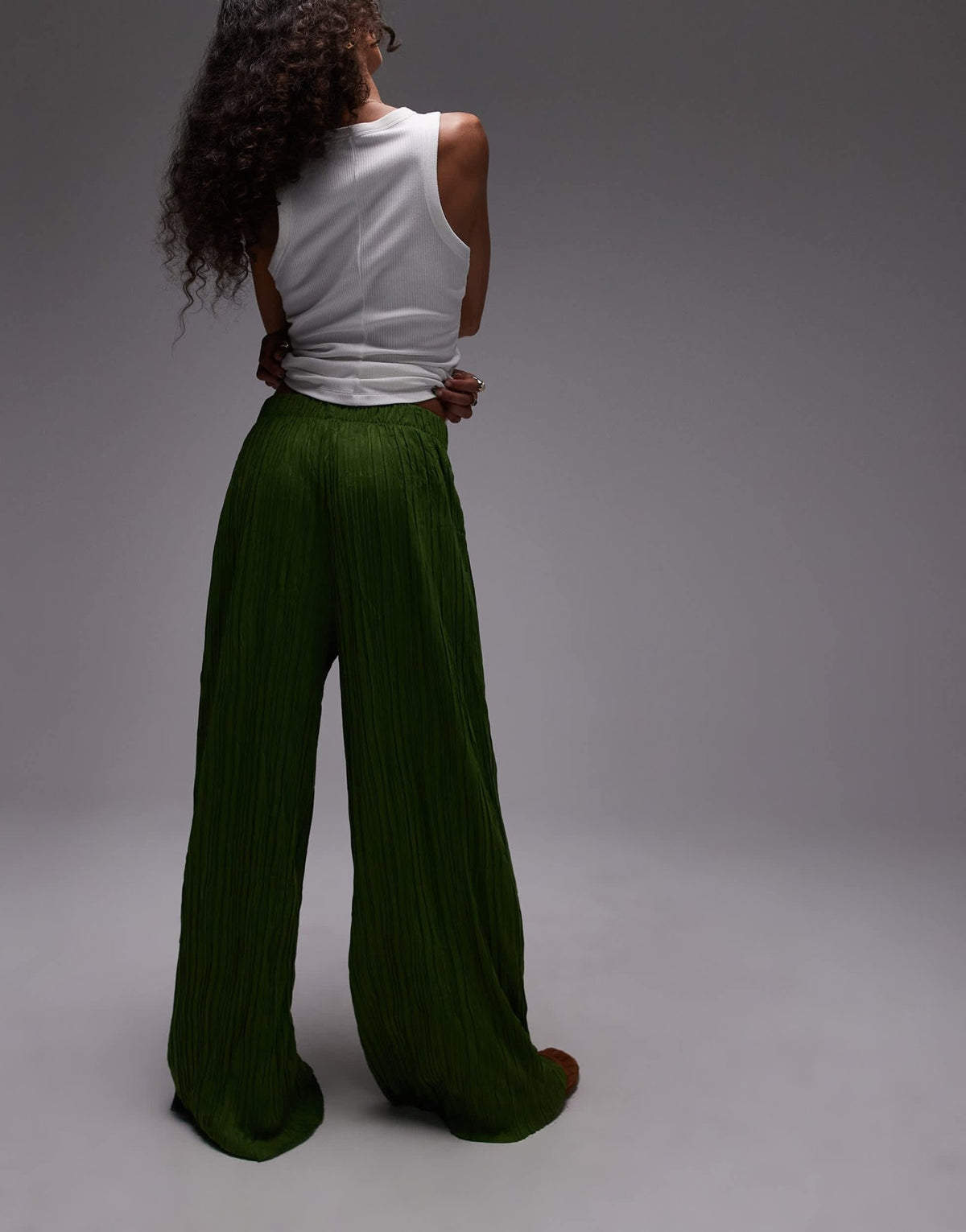 Topshop crinkle wide leg trousers in olive green - ASOS Sample Sale