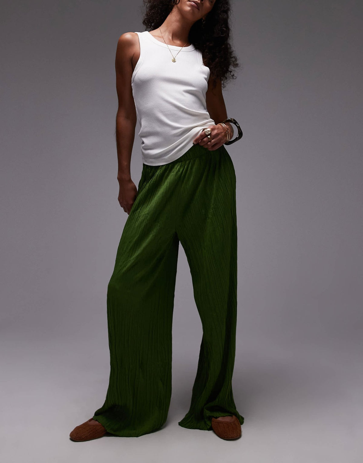 Topshop crinkle wide leg trousers in olive green - ASOS Sample Sale