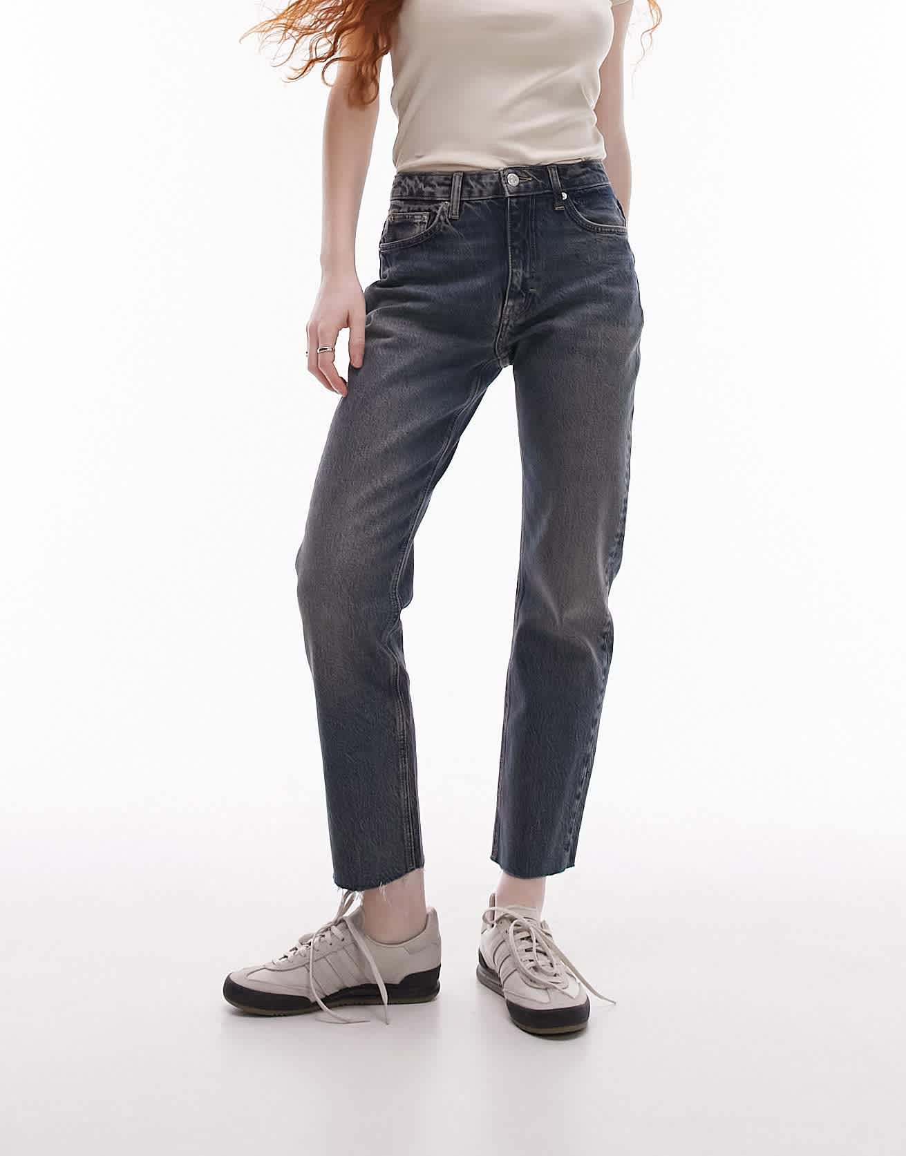 Topshop cropped mid rise straight jeans with raw hems in deep sea - ASOS Sample Sale