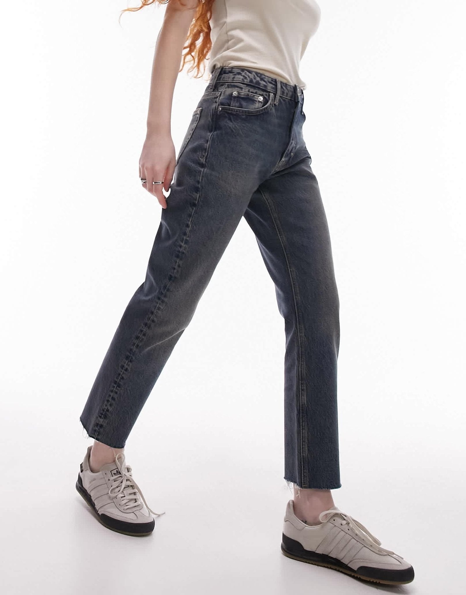 Topshop cropped mid rise straight jeans with raw hems in deep sea - ASOS Sample Sale