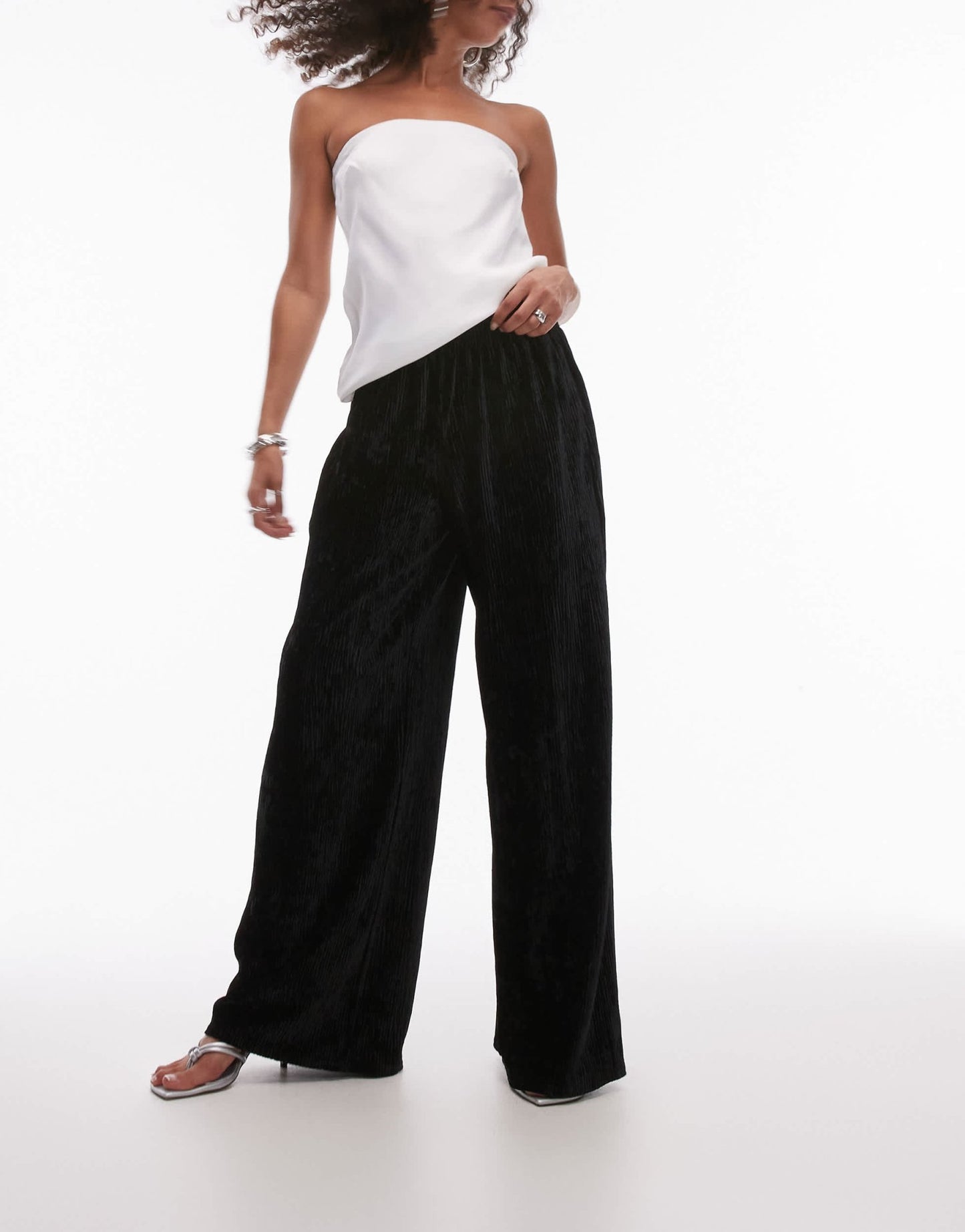 Topshop crushed velvet wide leg trouser with skinny waistband in black - ASOS Sample Sale