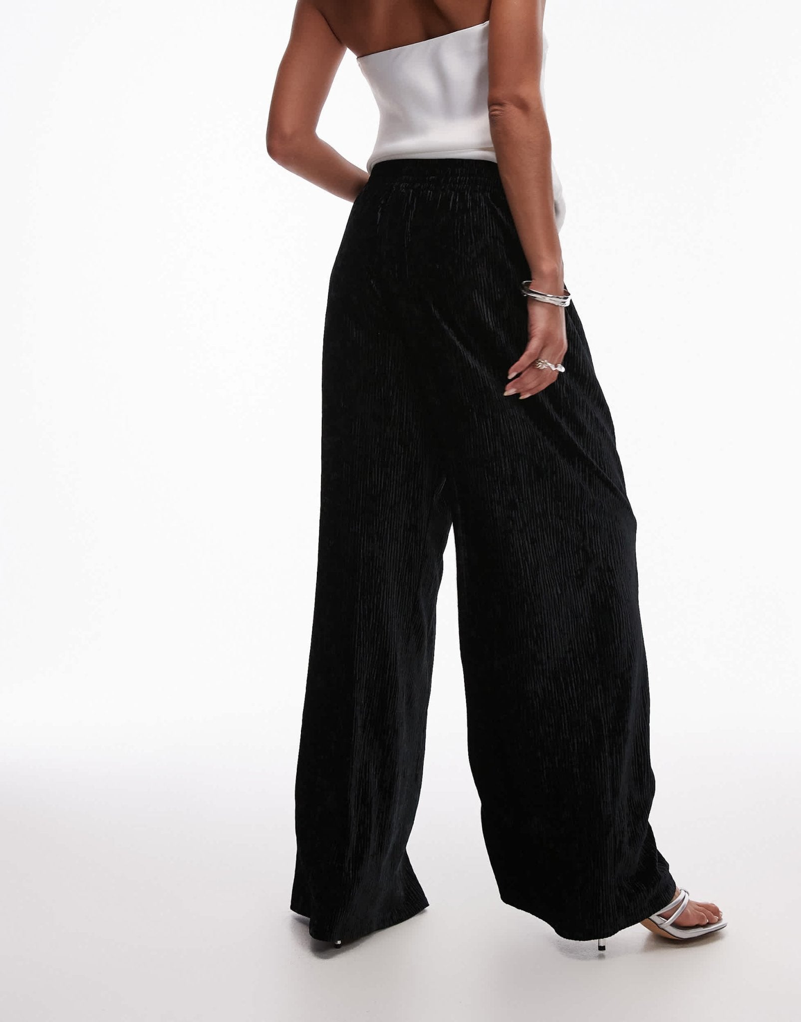Topshop crushed velvet wide leg trouser with skinny waistband in black - ASOS Sample Sale