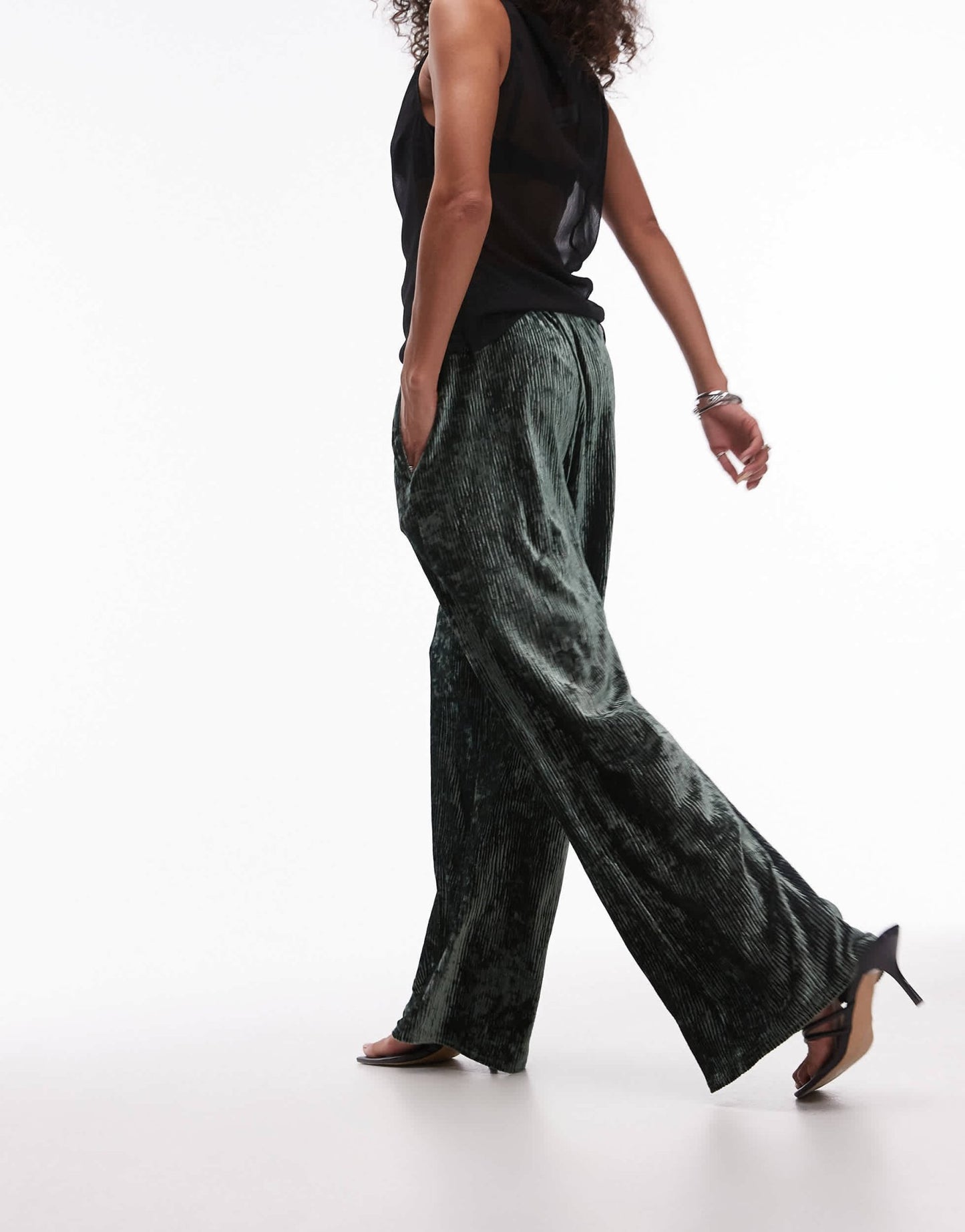 Topshop crushed velvet wide leg trouser with skinny waistband in green - ASOS Sample Sale