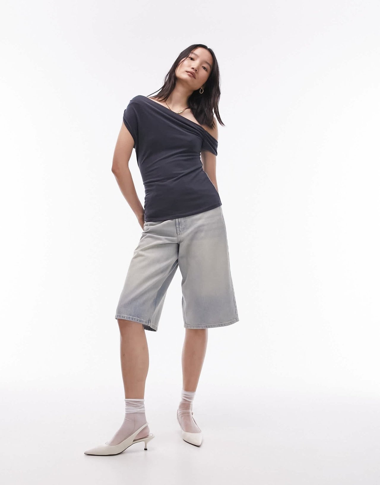 Topshop cupro draped off the shoulder top in slate - ASOS Sample Sale