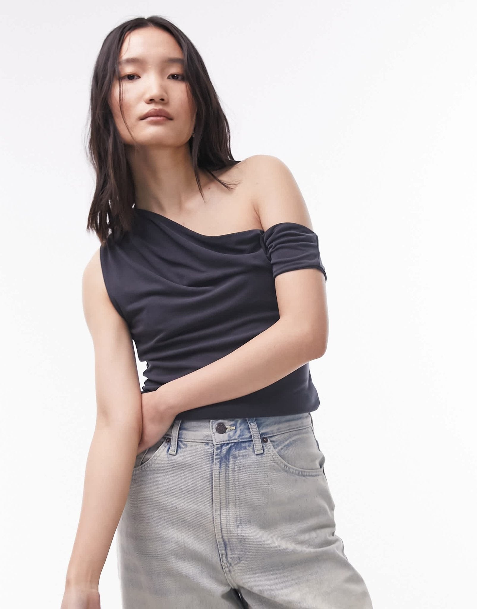 Topshop cupro draped off the shoulder top in slate - ASOS Sample Sale