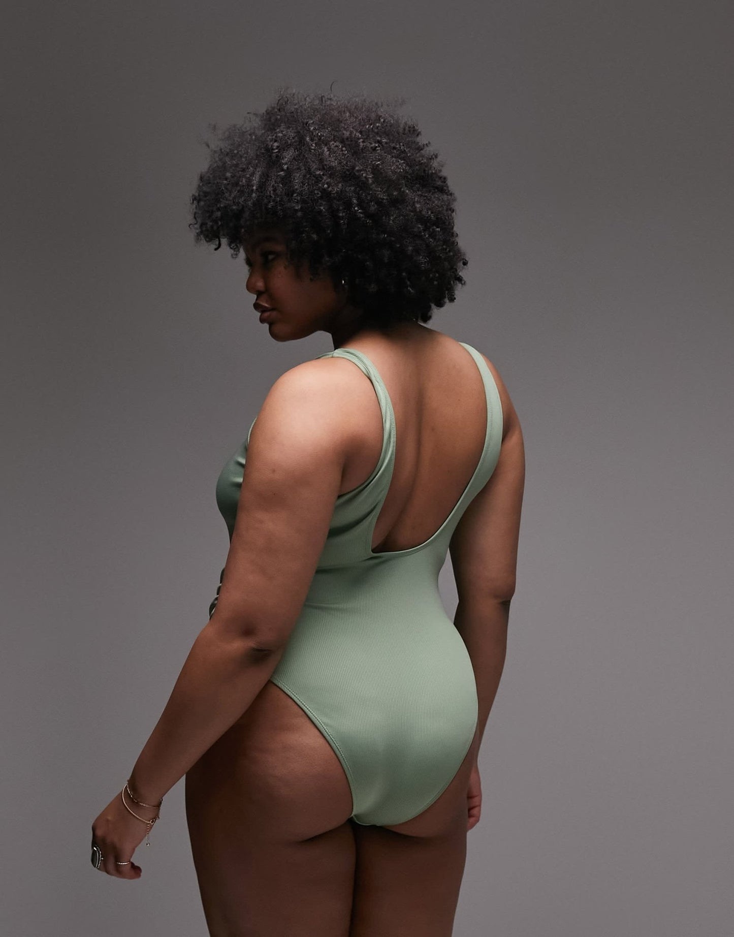 Topshop Curve rib scoop back swimsuit in khaki - ASOS Sample Sale