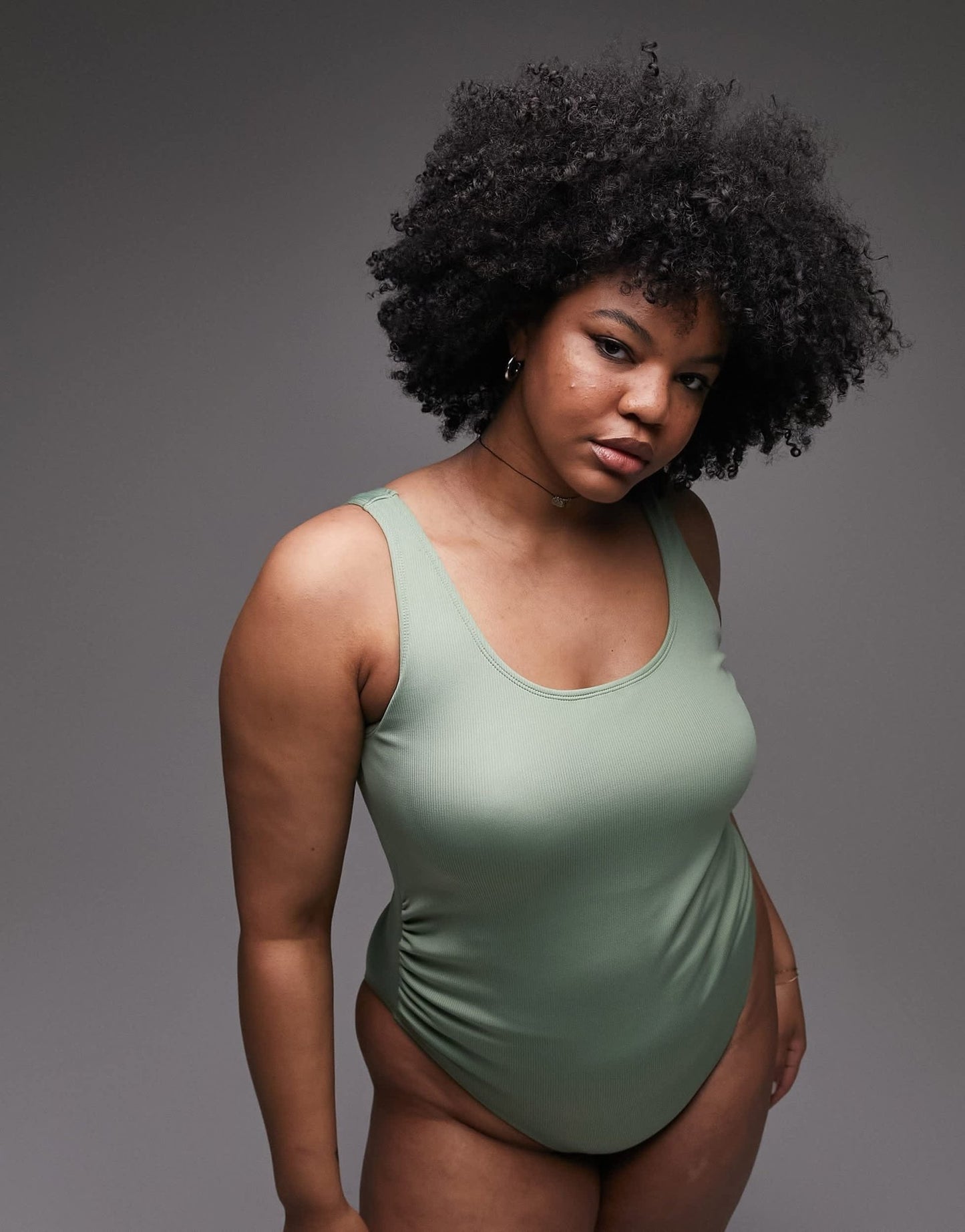 Topshop Curve rib scoop back swimsuit in khaki - ASOS Sample Sale