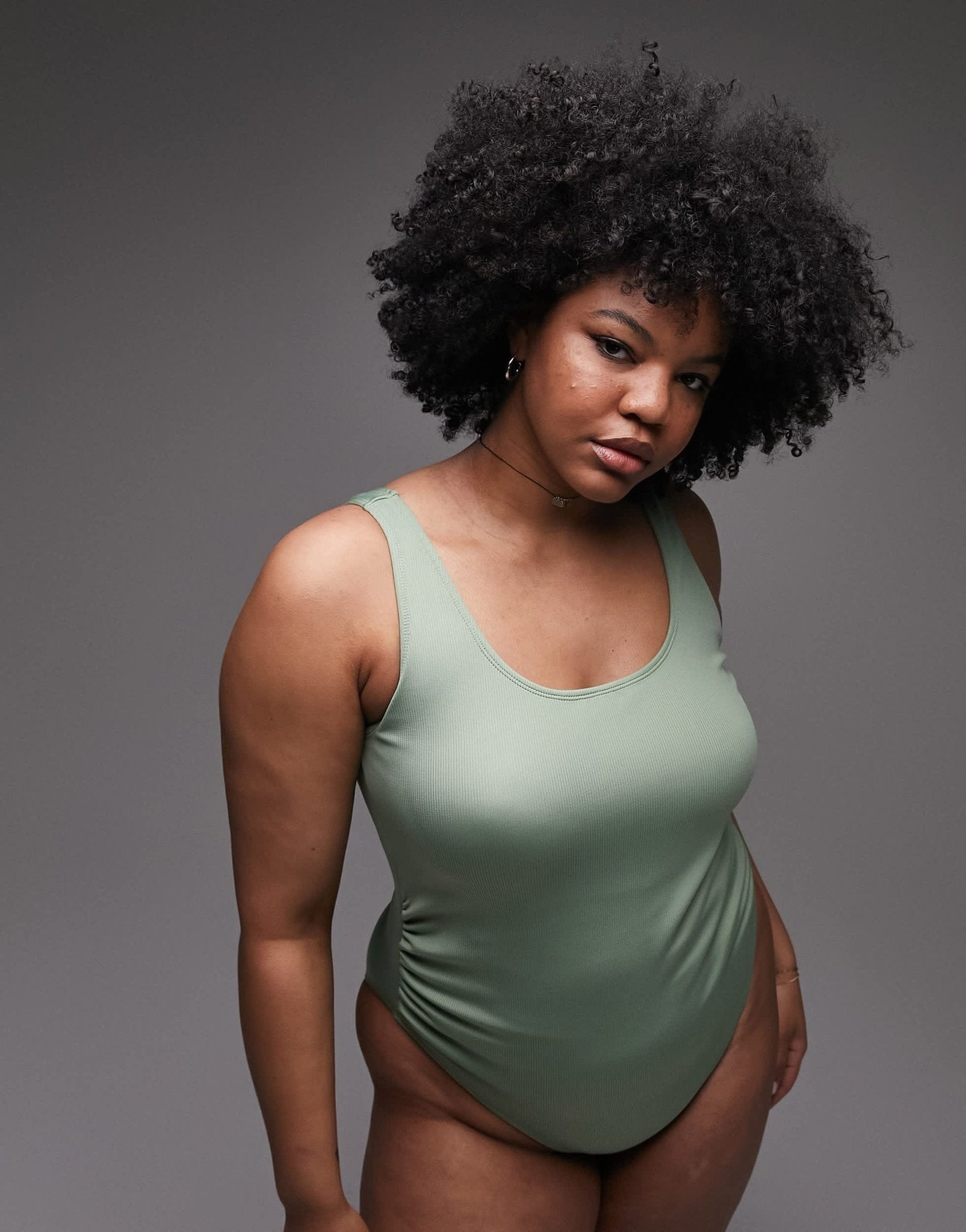 Topshop Curve rib scoop back swimsuit in khaki - ASOS Sample Sale