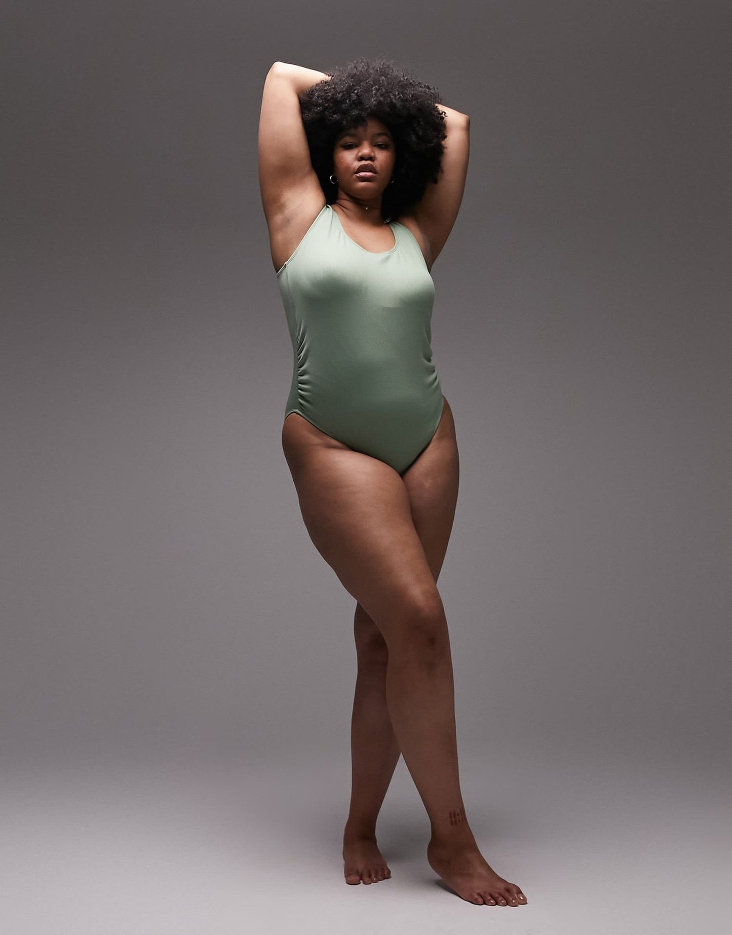 Topshop Curve rib scoop back swimsuit in khaki - ASOS Sample Sale