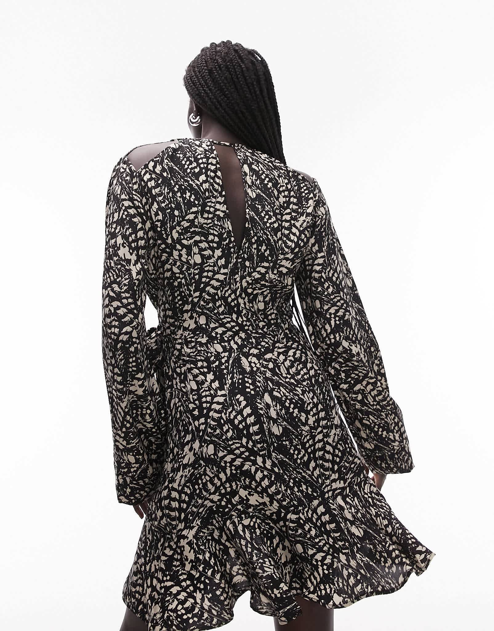 Topshop cut out shoulder abstract printed mini dress in mono - ASOS Sample Sale