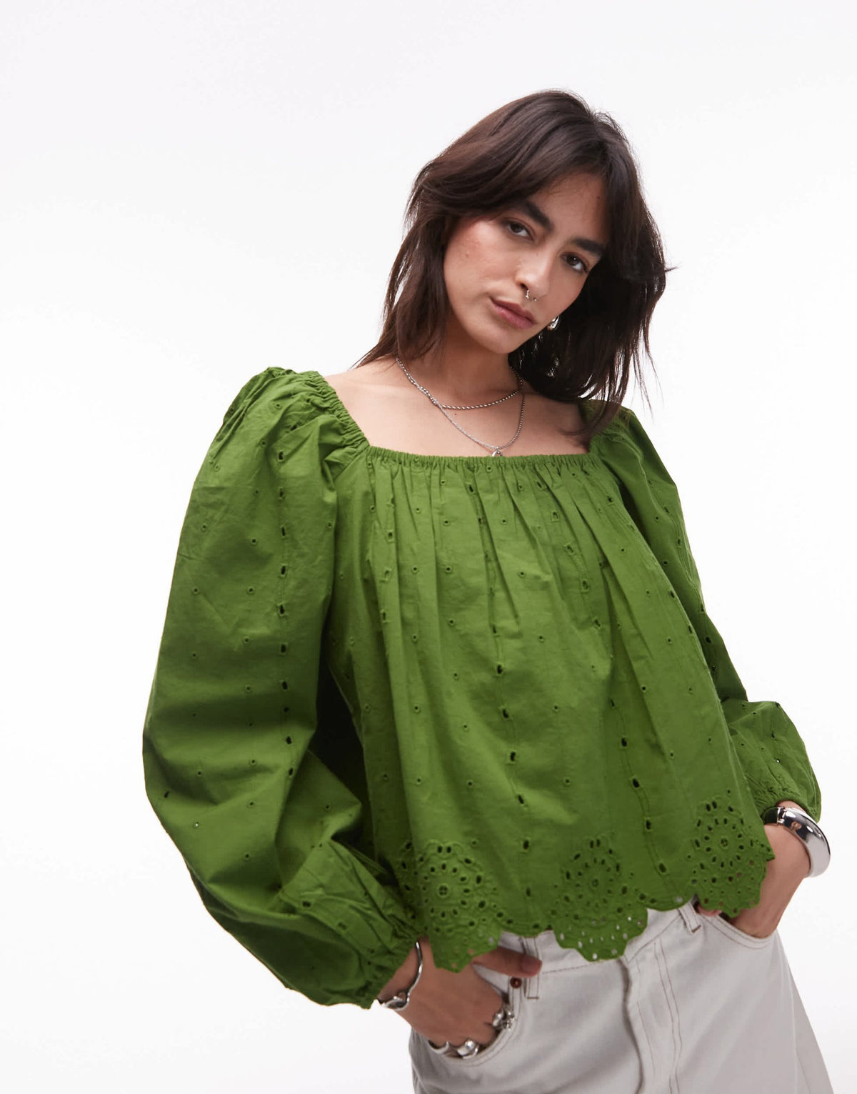 Topshop cutwork long sleeve top in green - ASOS Sample Sale