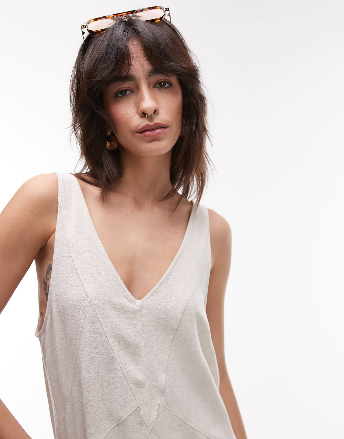 Topshop deep v chuck on linen playsuit in natural - ASOS Sample Sale