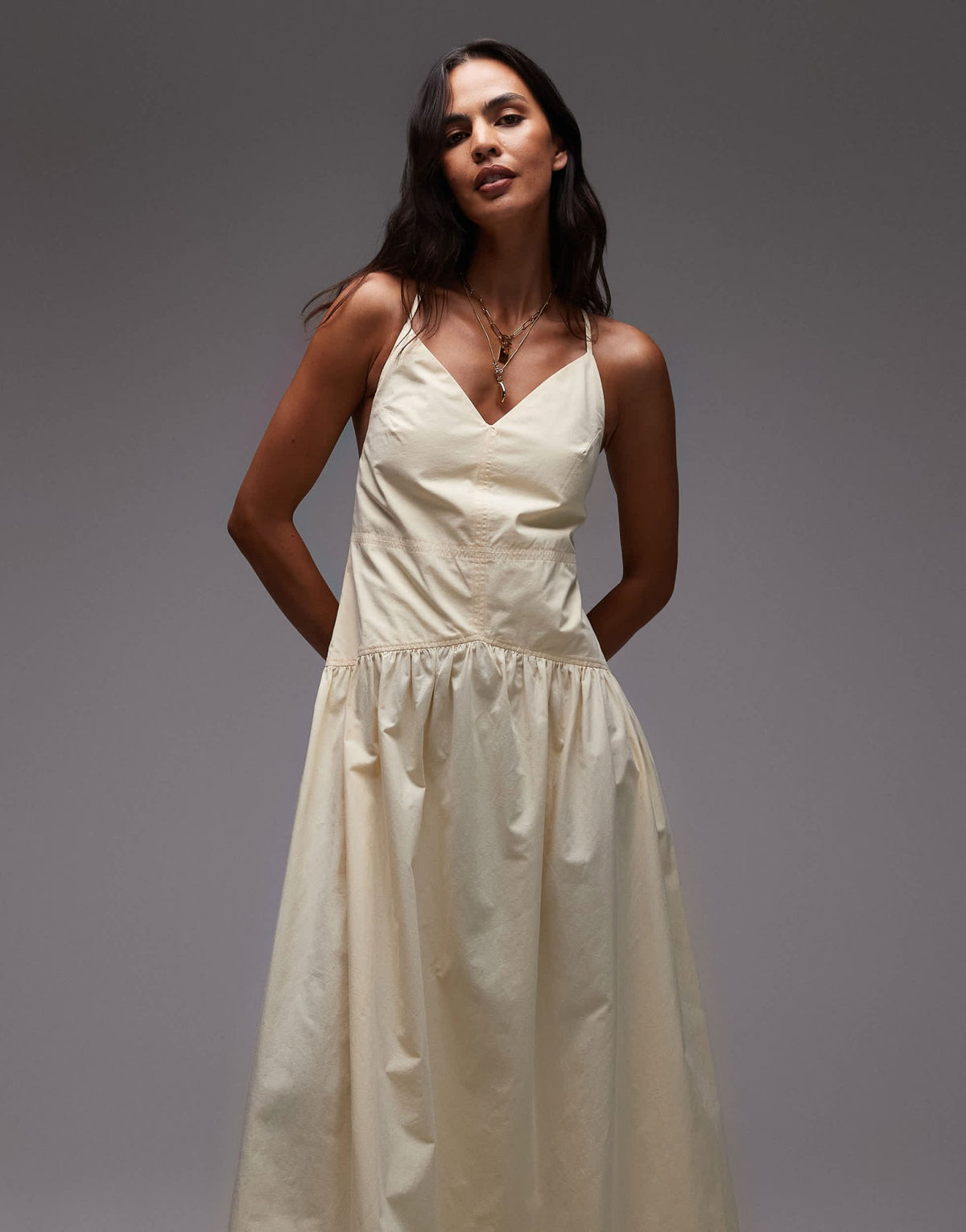 Topshop deep v poplin midi dress in buttermilk - ASOS Sample Sale