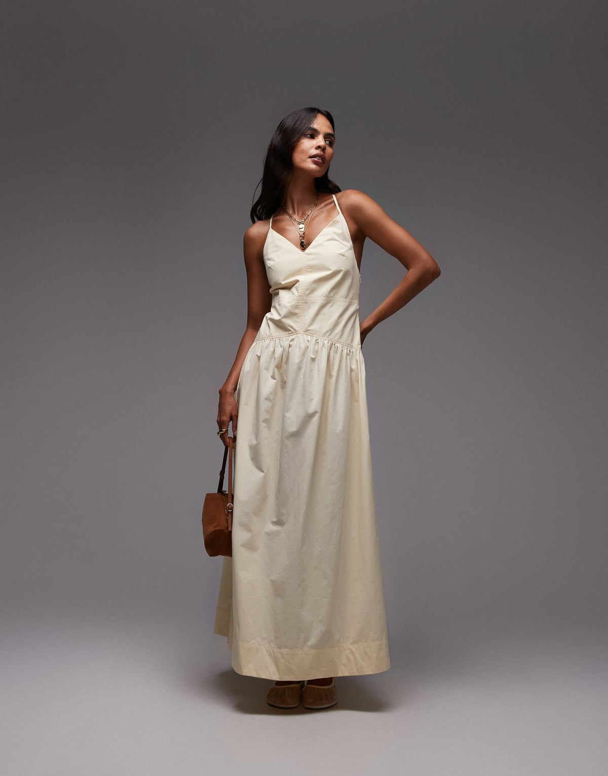 Topshop deep v poplin midi dress in buttermilk - ASOS Sample Sale