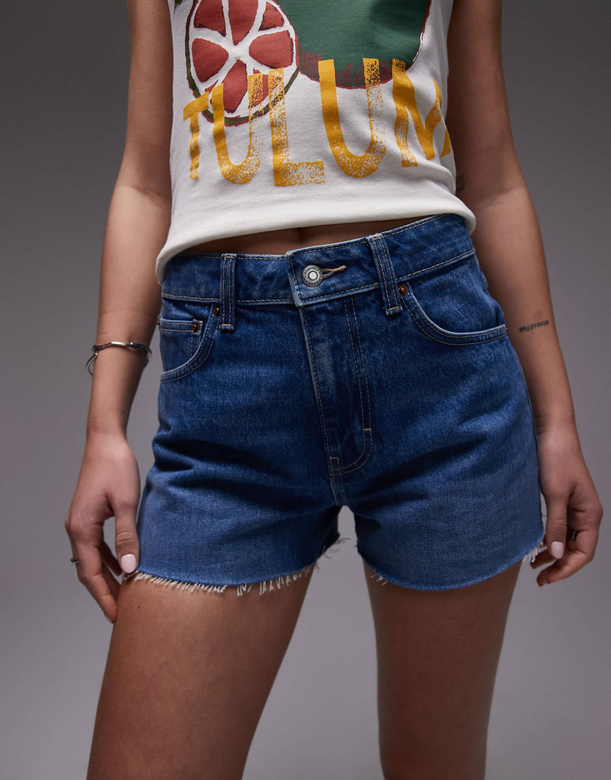 Topshop denim A-line shorts in mid blue - ASOS Sample Sale