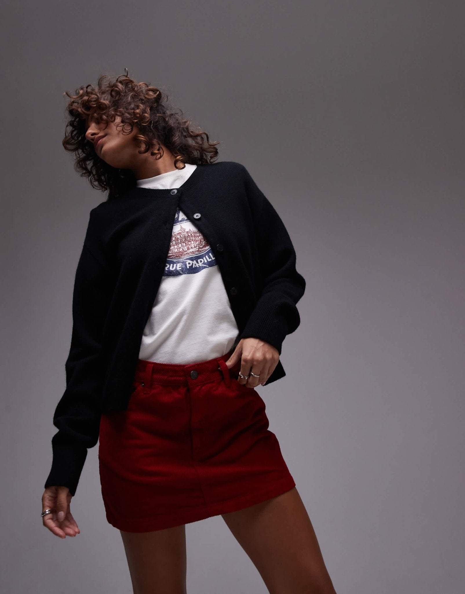 Topshop denim cord mini pelmet skirt in burgundy - ASOS Sample Sale
