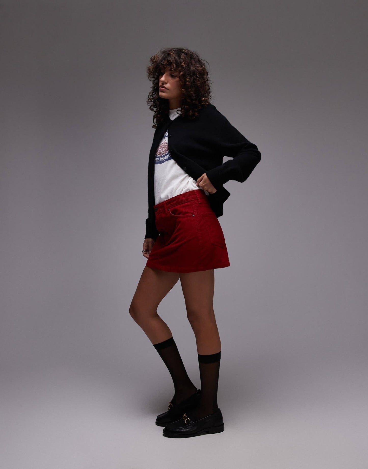 Topshop denim cord mini pelmet skirt in burgundy - ASOS Sample Sale
