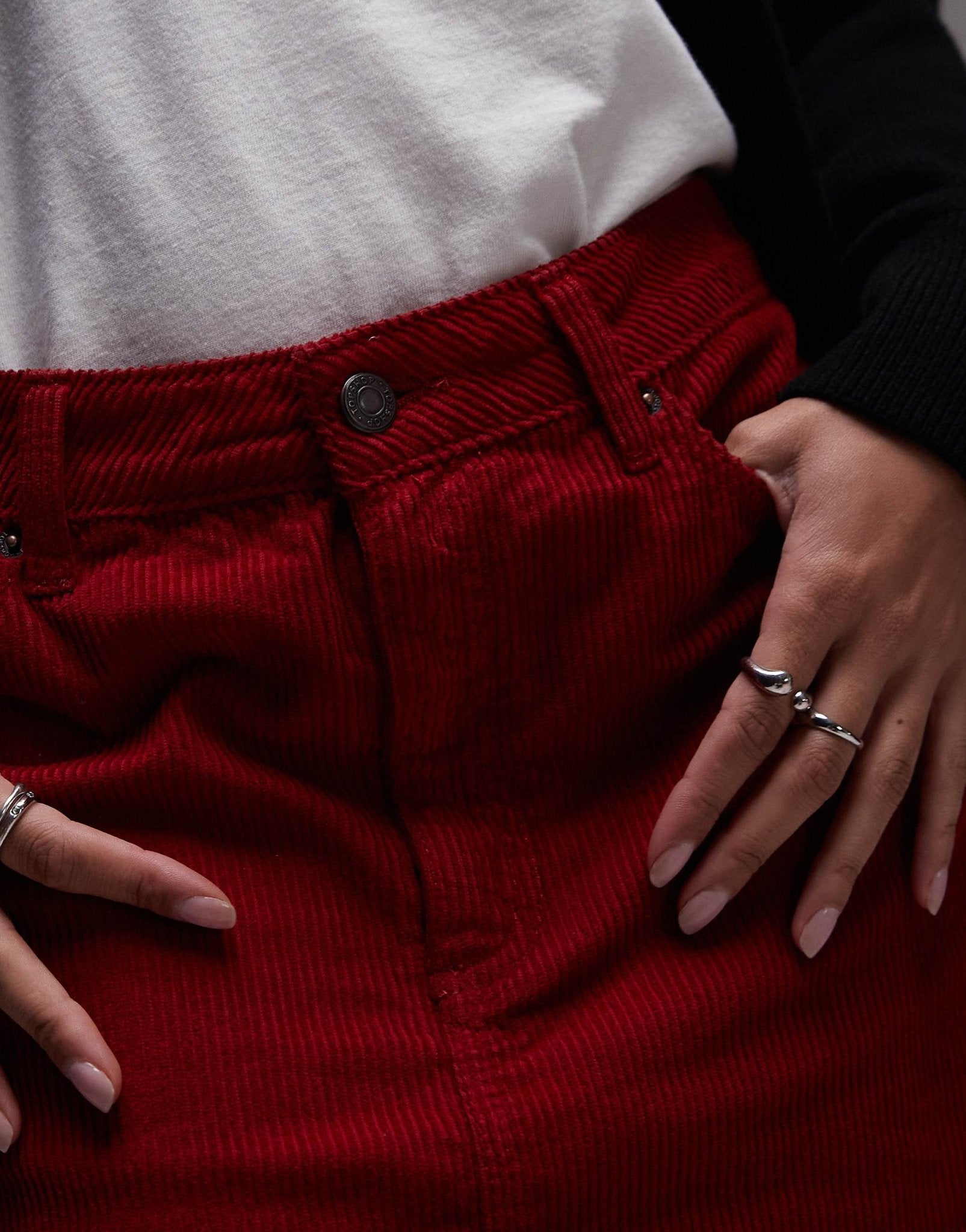 Topshop denim cord mini pelmet skirt in burgundy - ASOS Sample Sale