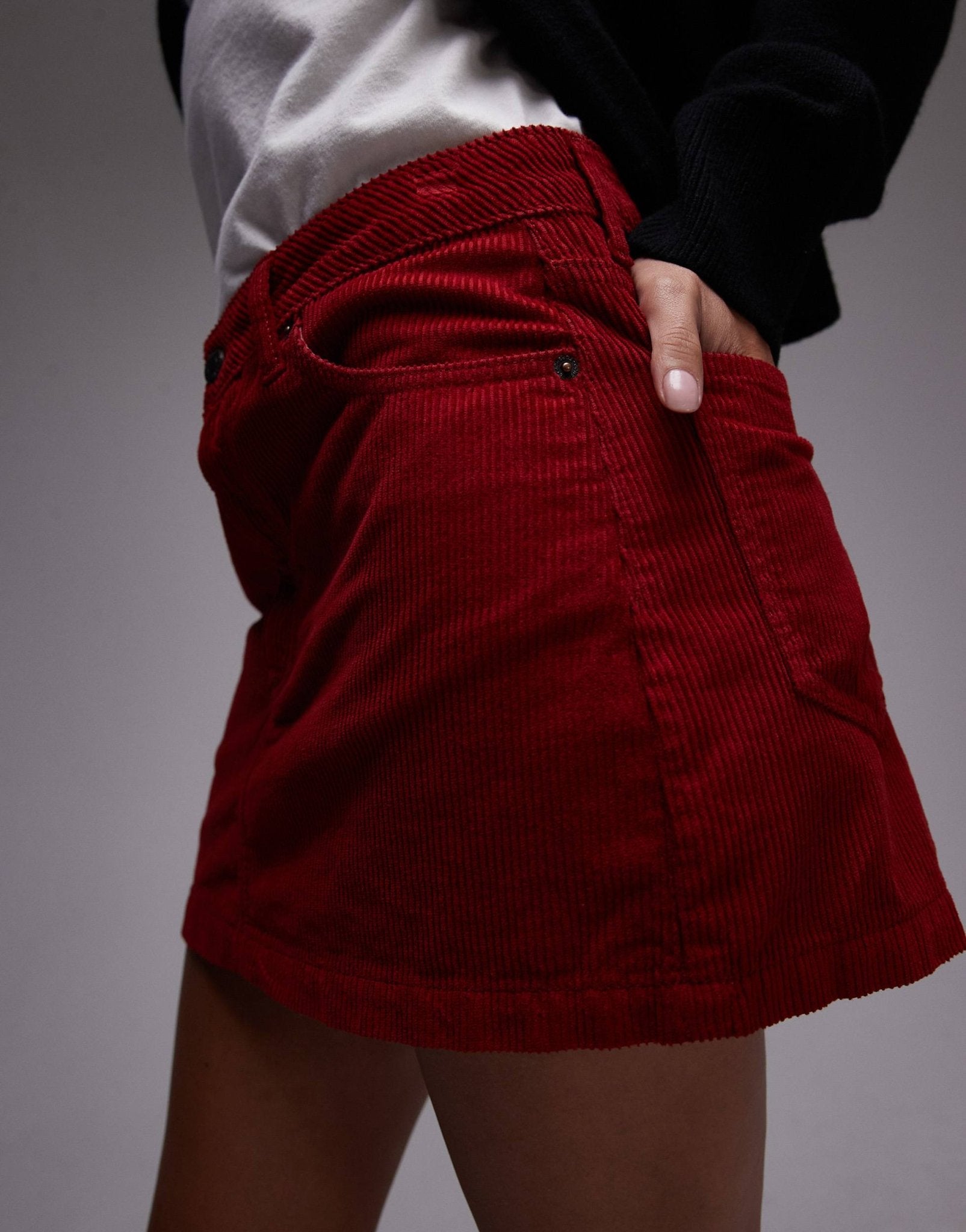 Topshop denim cord mini pelmet skirt in burgundy - ASOS Sample Sale