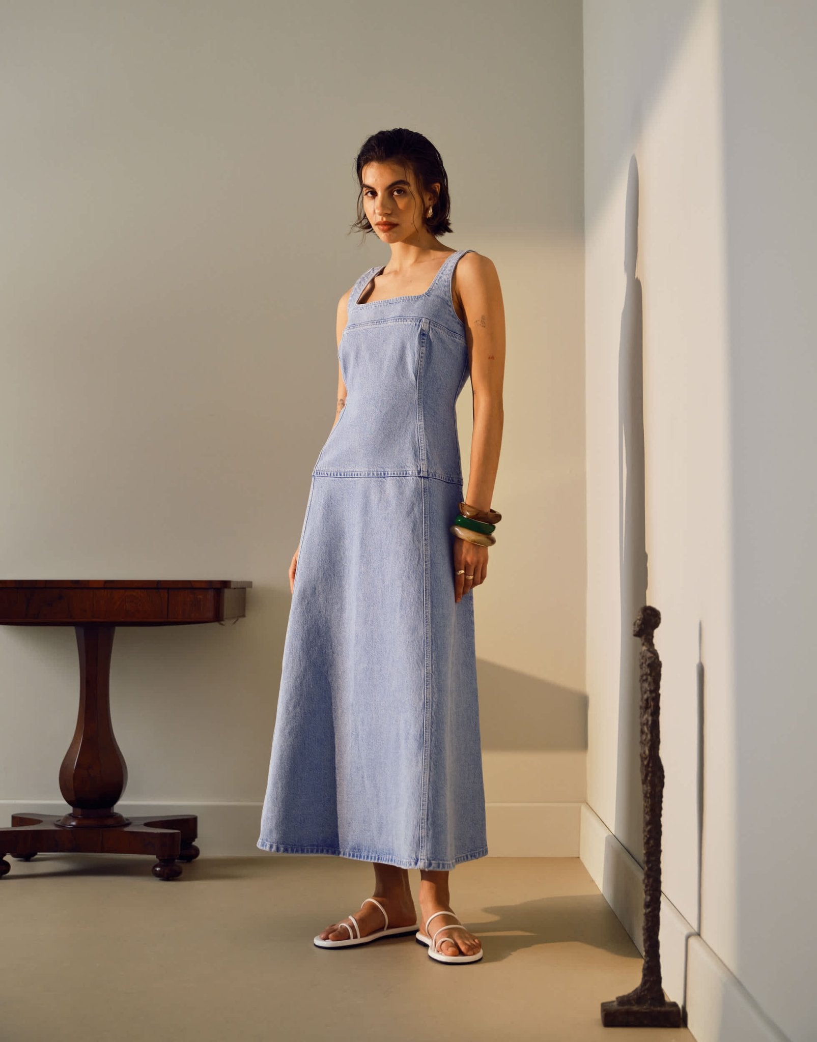 Topshop denim dropped waist midi dress in bleach - ASOS Sample Sale