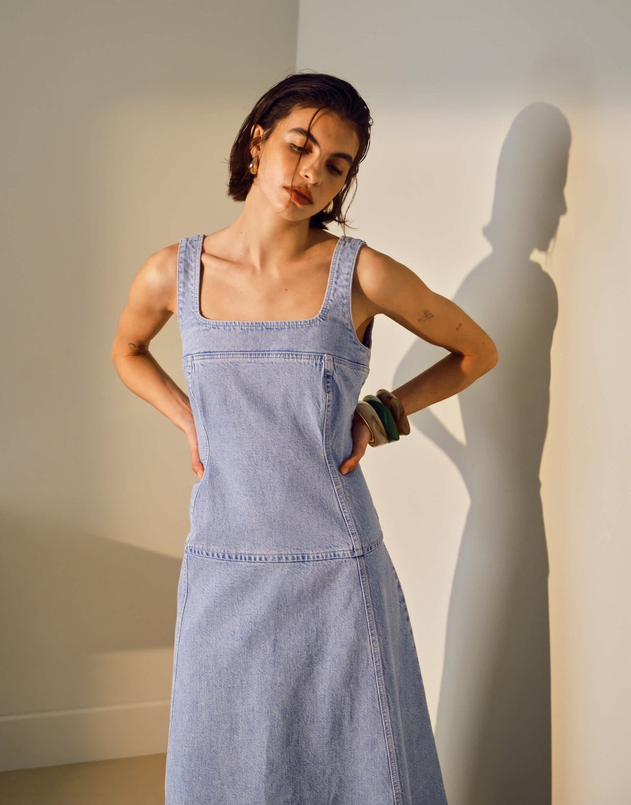Topshop denim dropped waist midi dress in bleach - ASOS Sample Sale