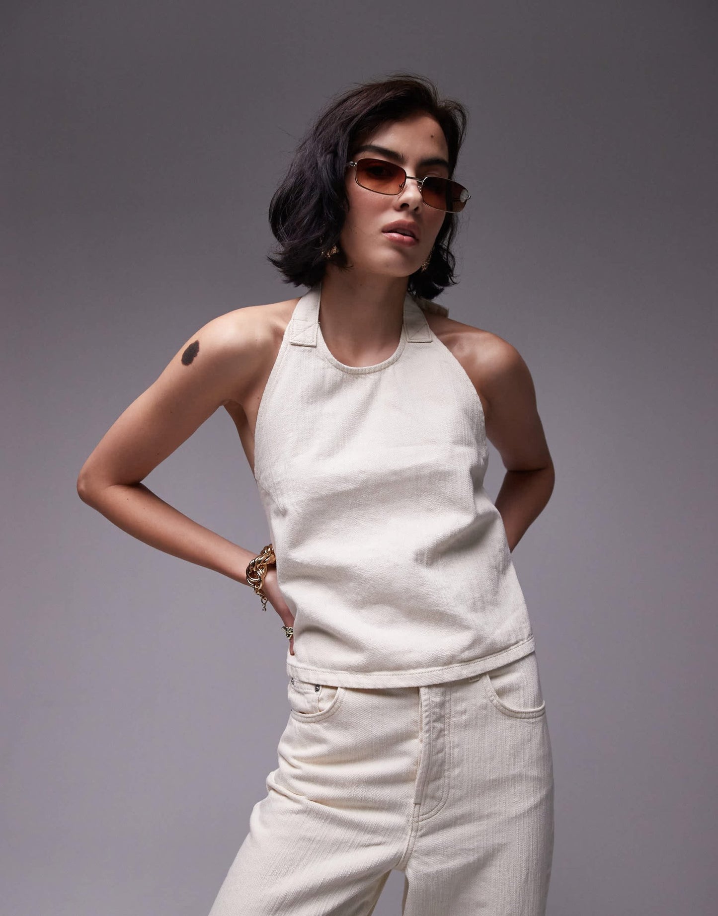 Topshop denim halter neck top in ecru - ASOS Sample Sale