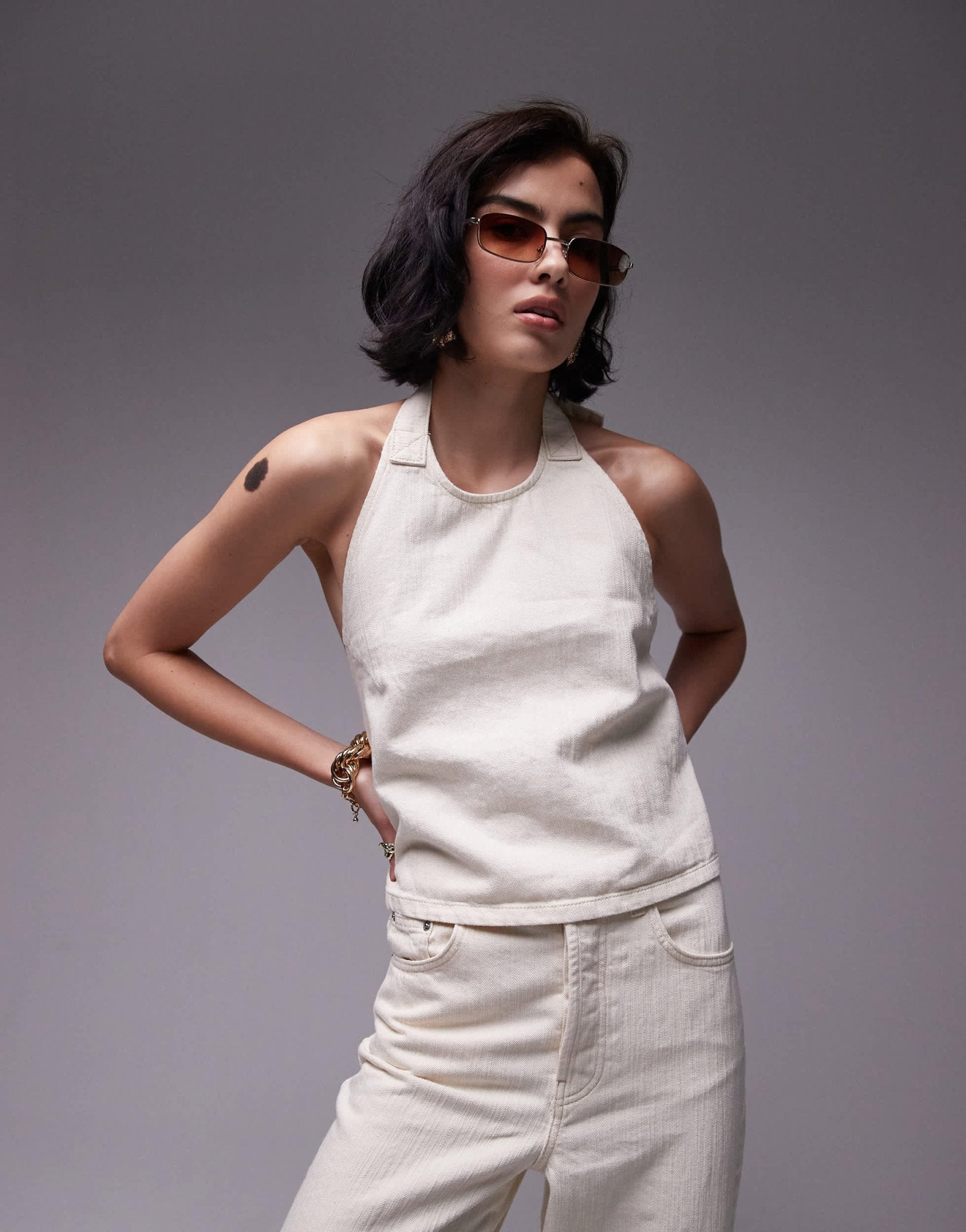 Topshop denim halter neck top in ecru - ASOS Sample Sale