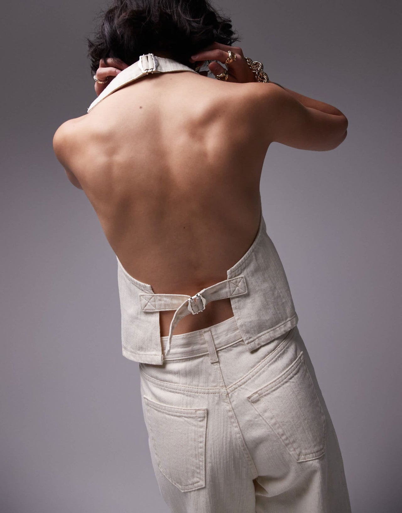 Topshop denim halter neck top in ecru - ASOS Sample Sale