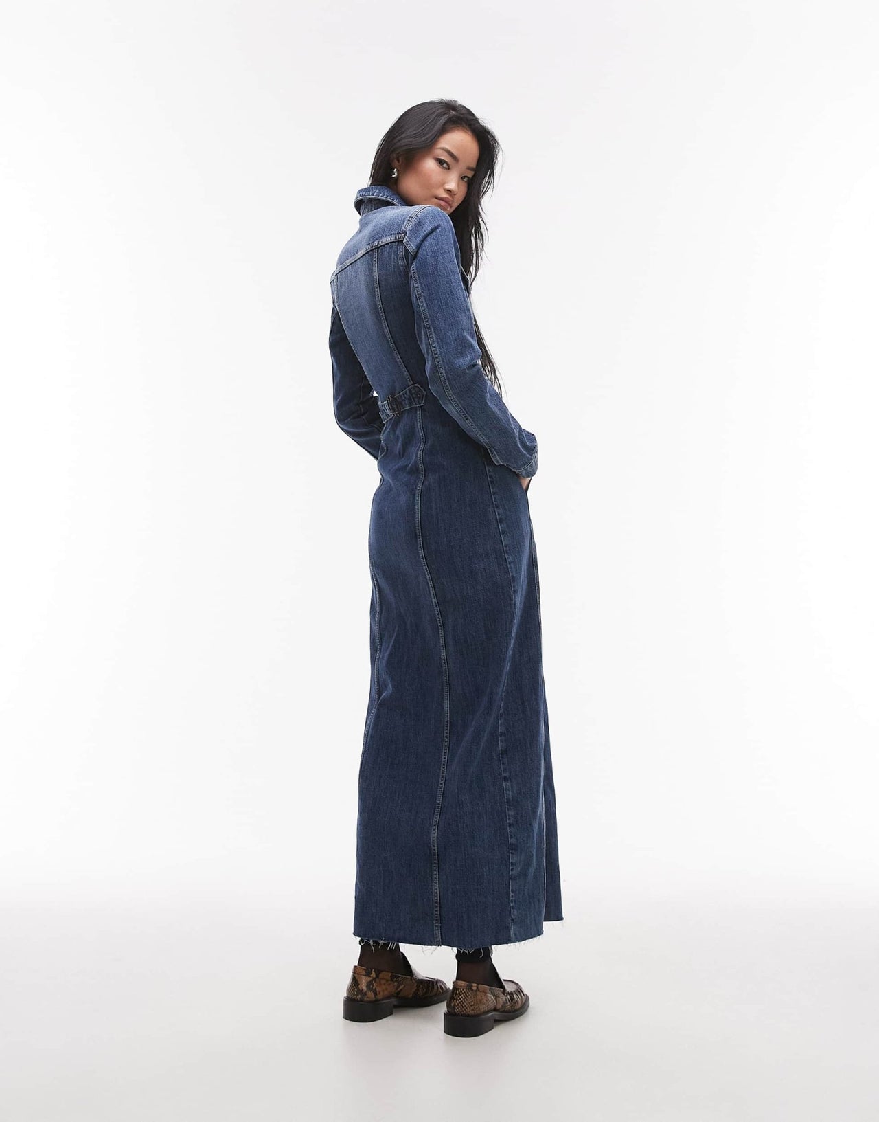 Topshop denim long sleeve maxi dress with cinch adjuster in mid blue - ASOS Sample Sale
