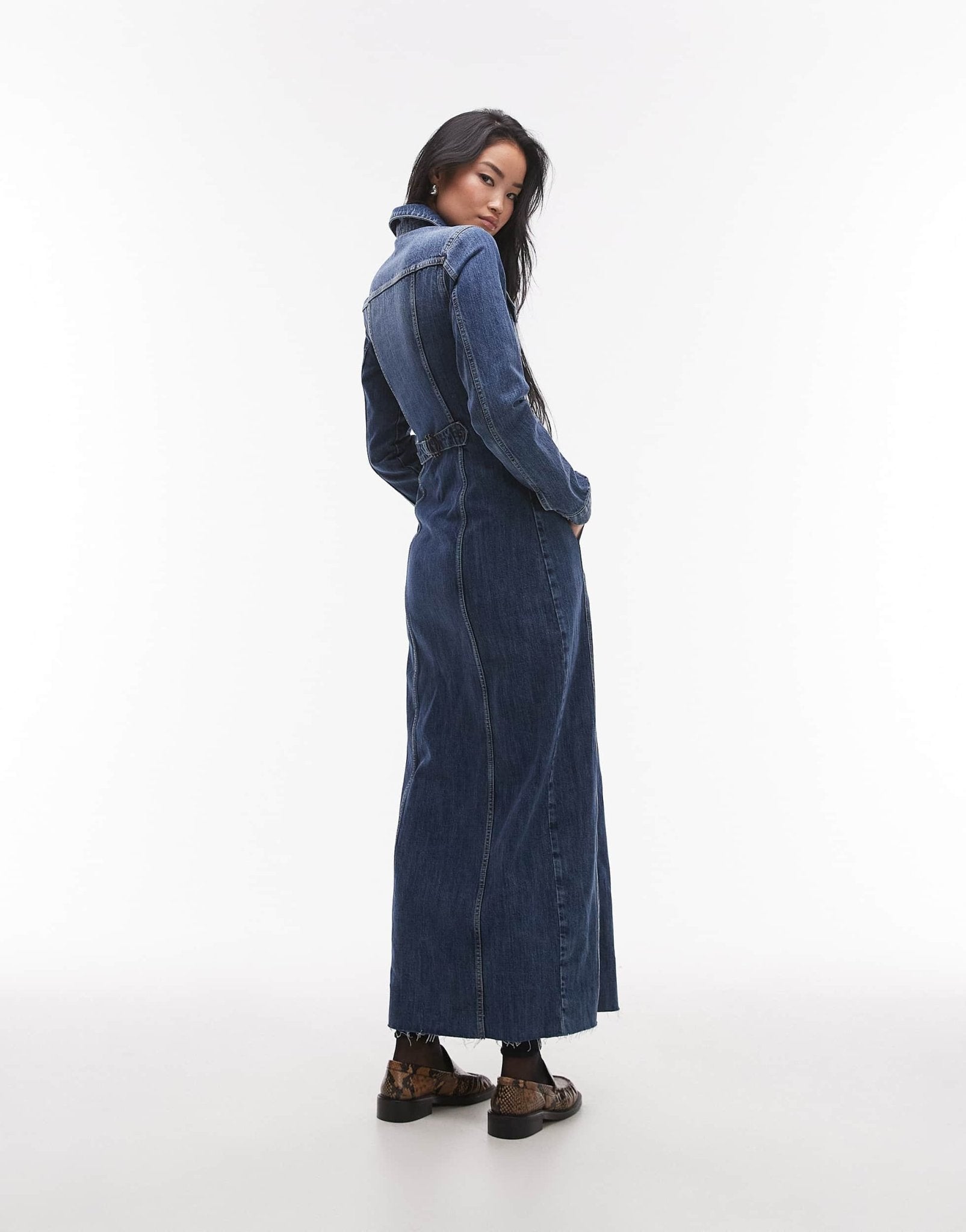 Topshop denim long sleeve maxi dress with cinch adjuster in mid blue - ASOS Sample Sale
