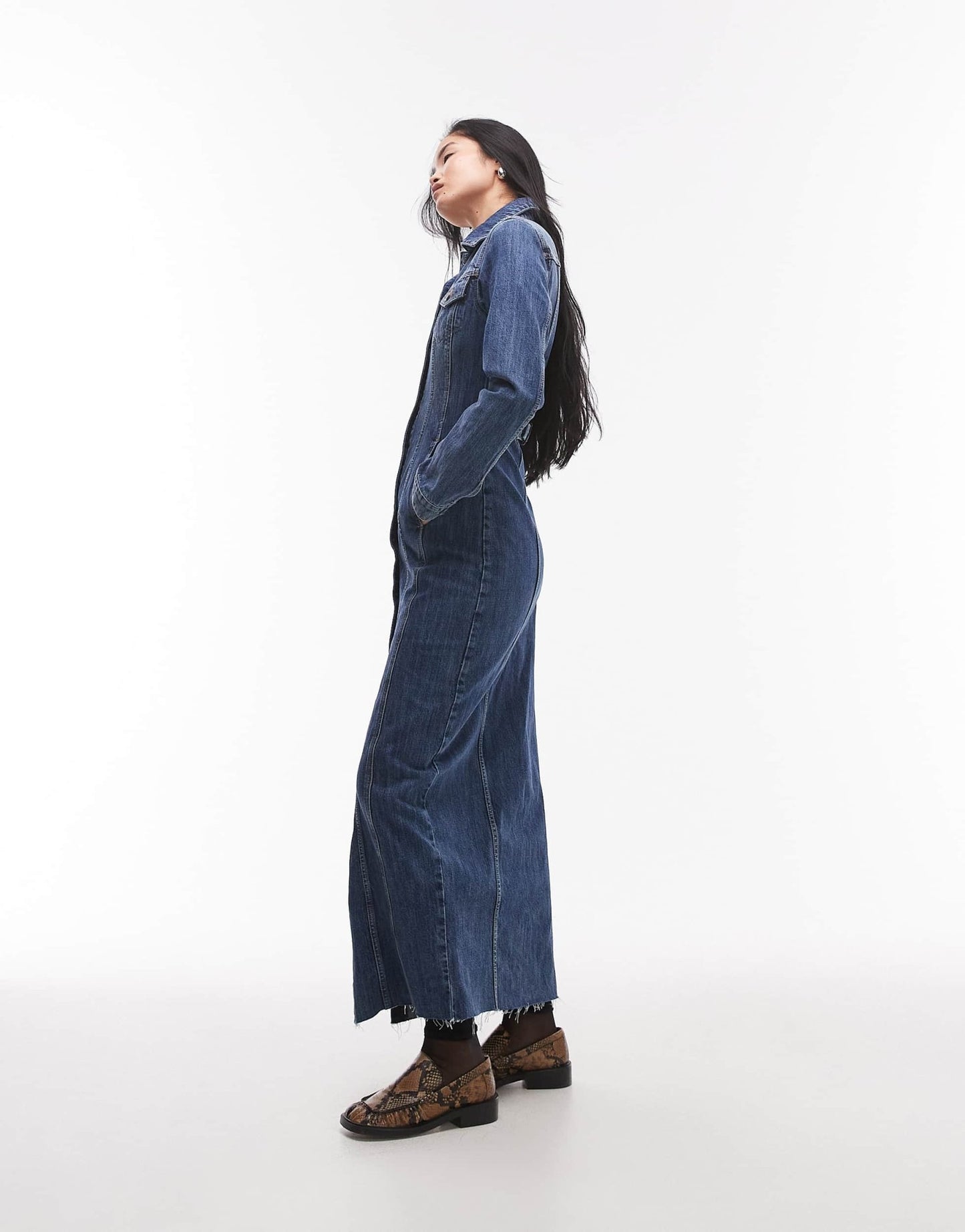 Topshop denim long sleeve maxi dress with cinch adjuster in mid blue - ASOS Sample Sale