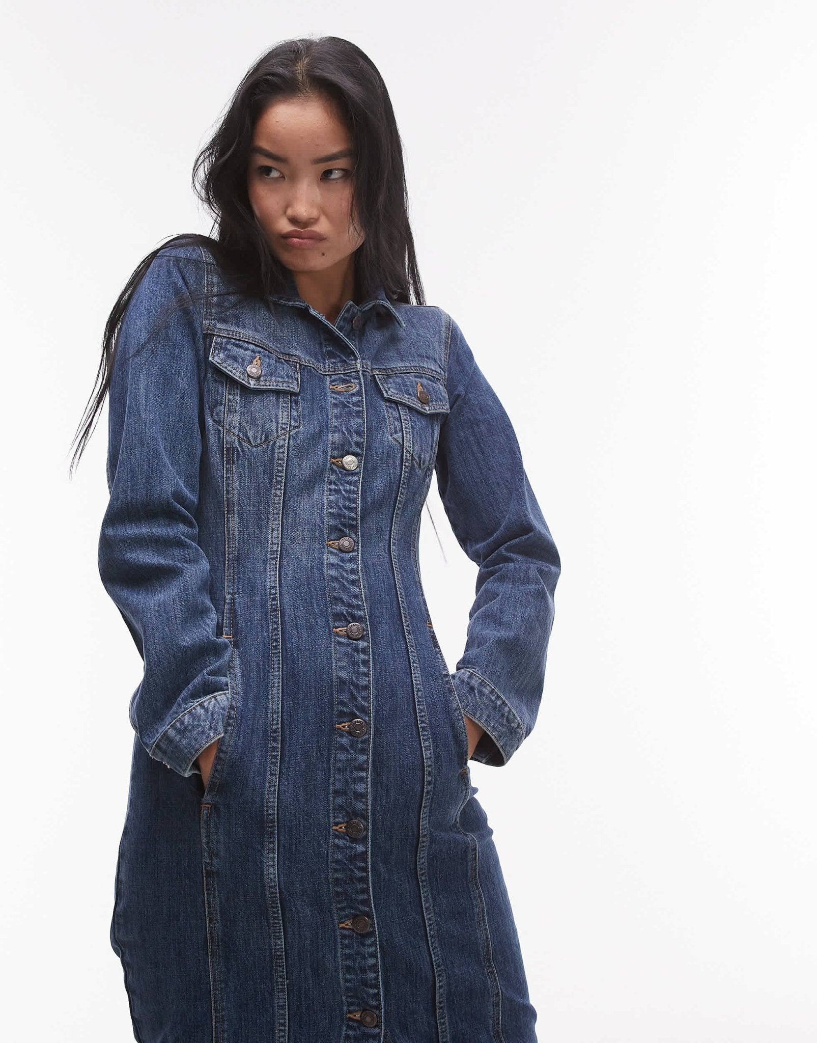 Topshop denim long sleeve maxi dress with cinch adjuster in mid blue – ASOS Sample Sale