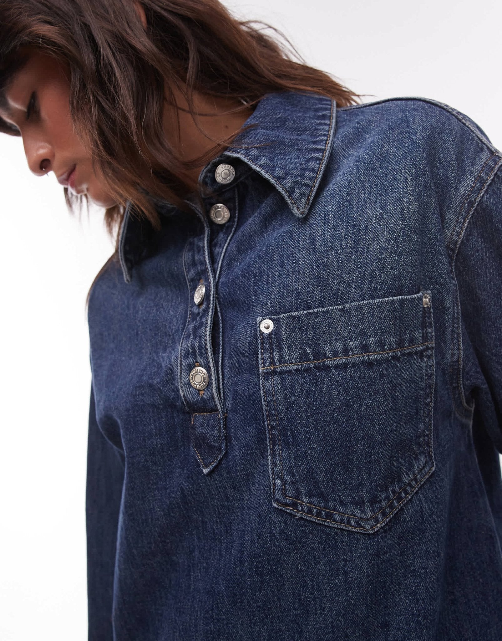 Topshop denim long sleeve pull over dress in mid blue - ASOS Sample Sale