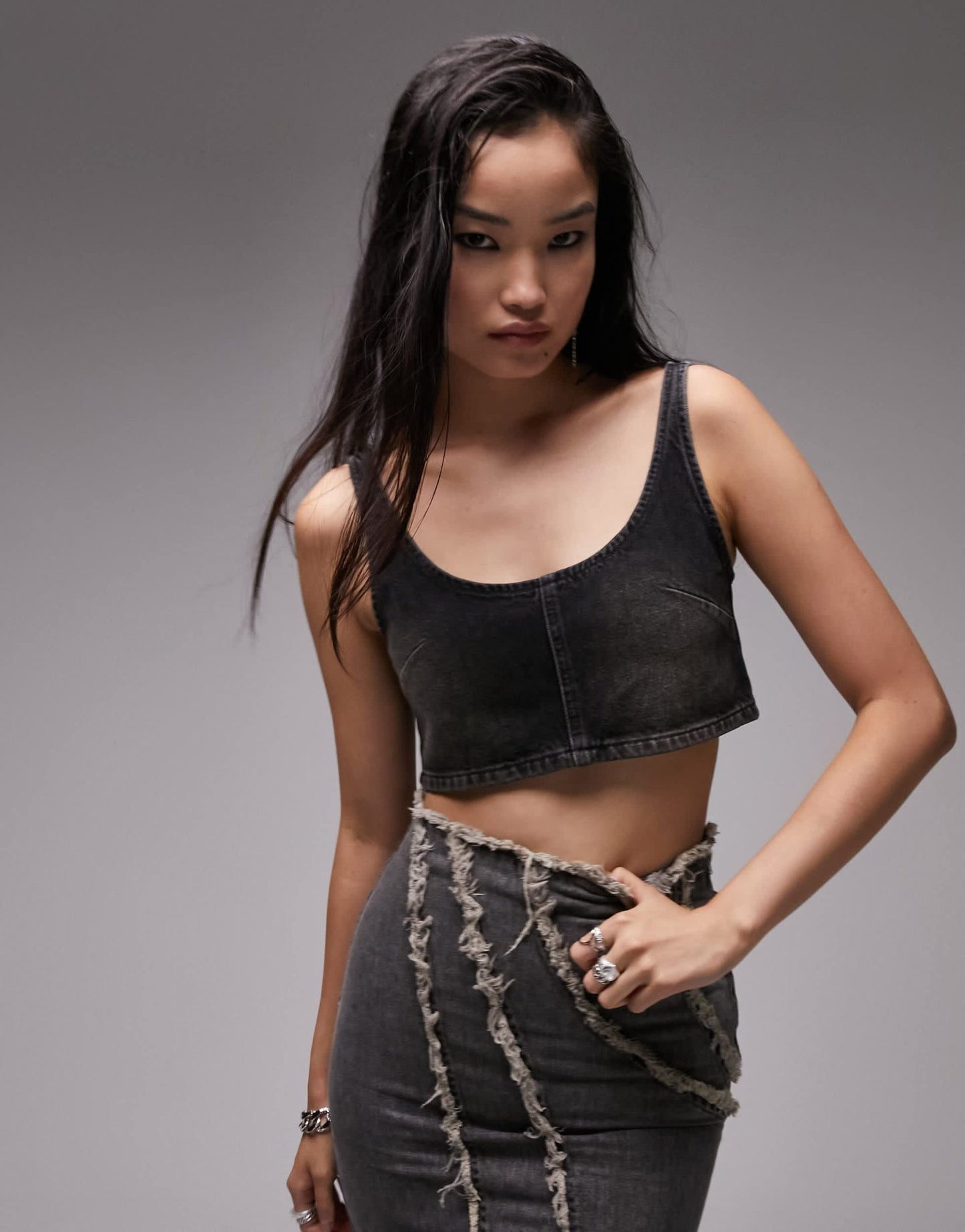 Topshop denim mini crop top in washed black - ASOS Sample Sale
