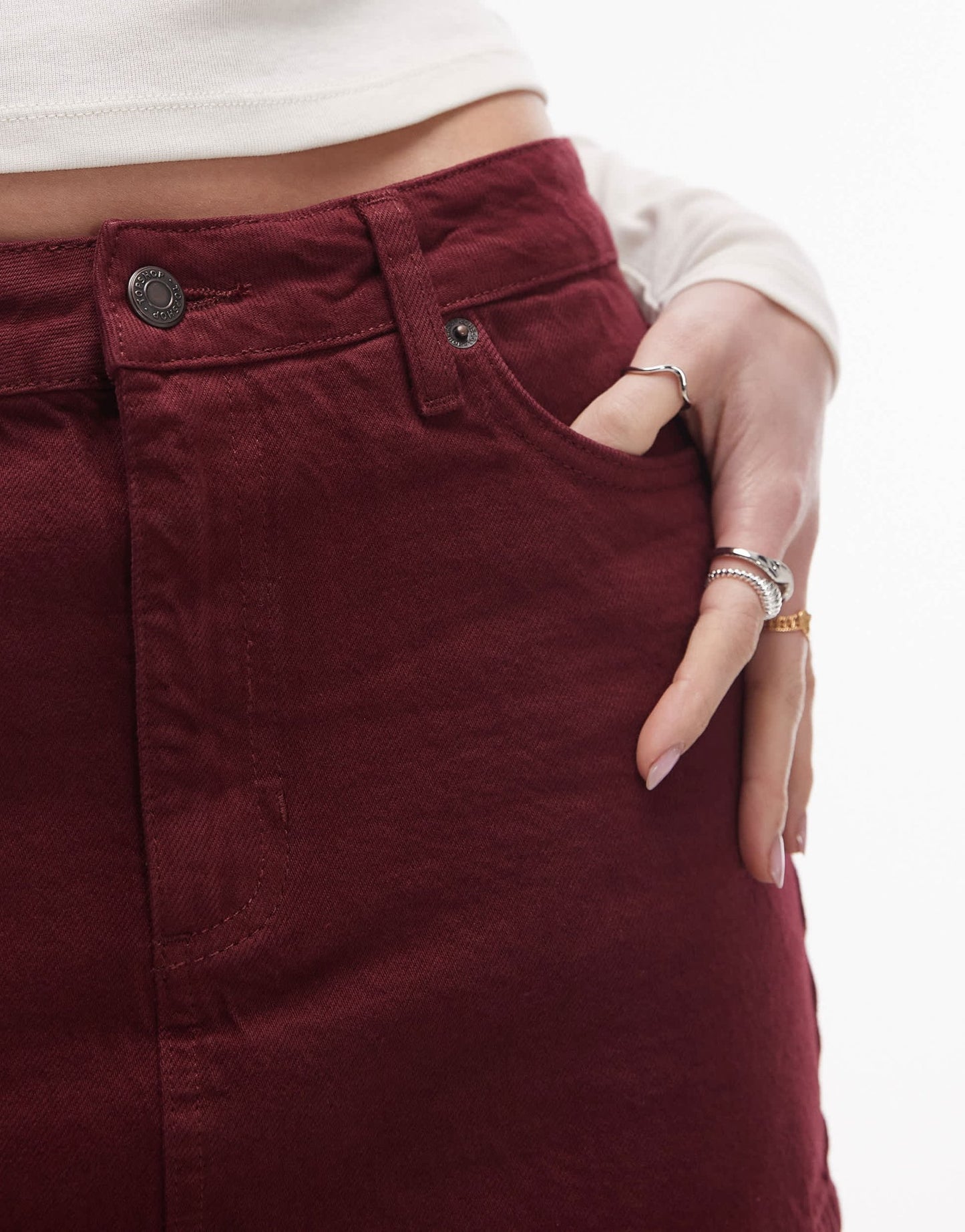Topshop denim mini pelmet skirt in burgundy - ASOS Sample Sale